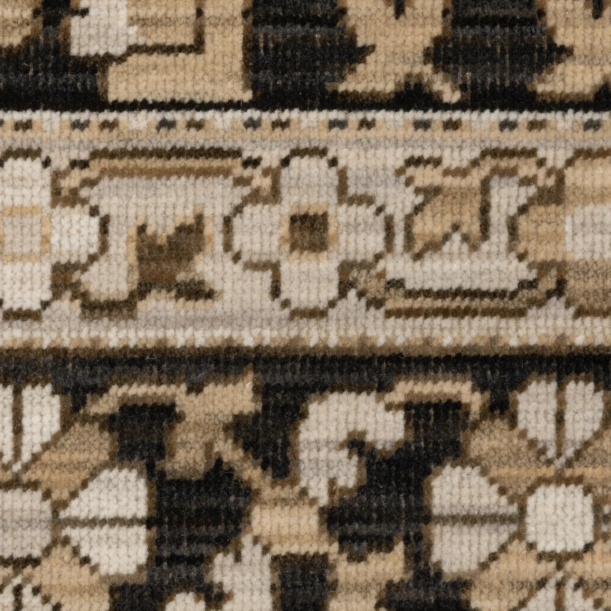 Acacia ACA10 Black/Beige traditional area rug with dramatic black and beige palette, multicolor accents, wool nylon texture, and fringe.