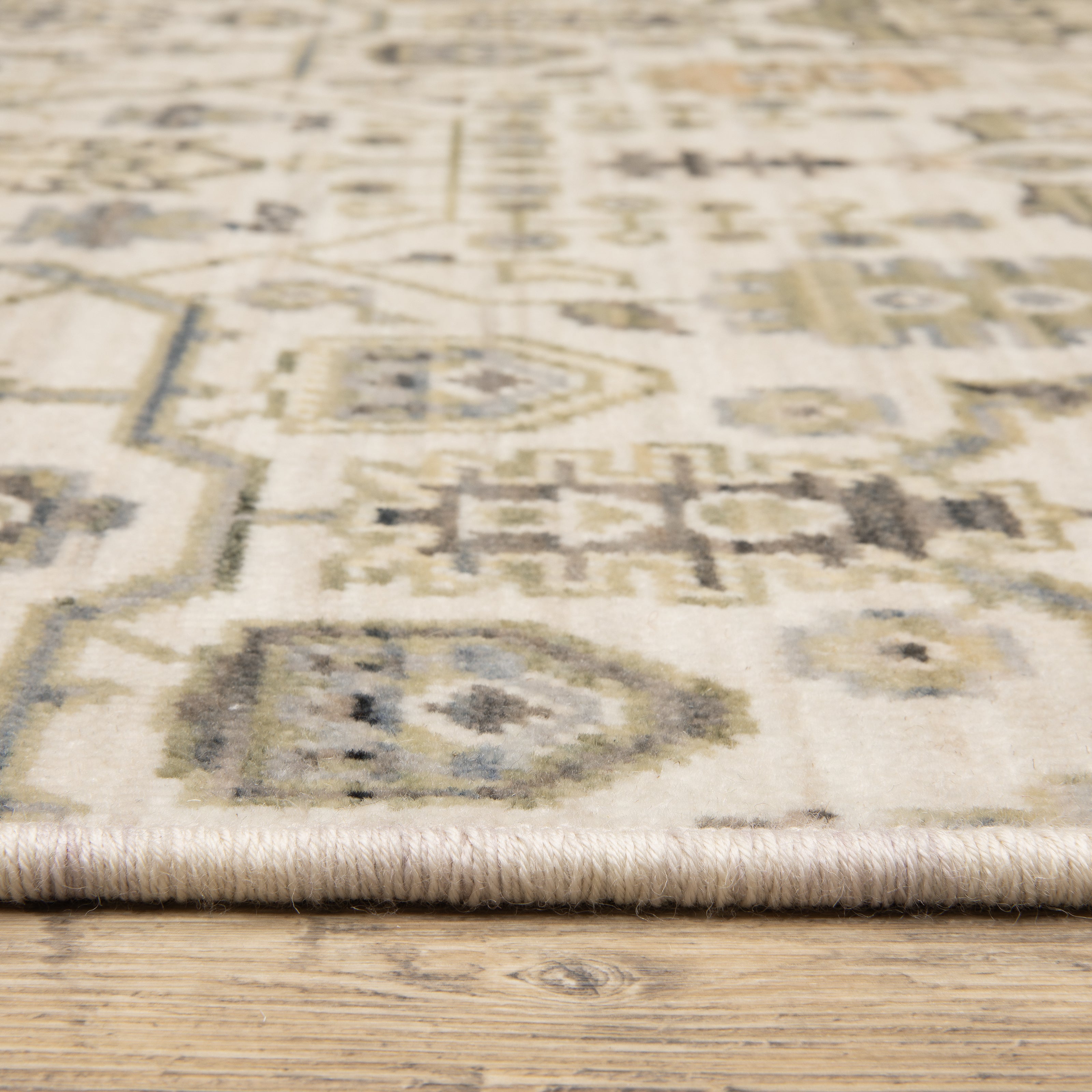 Acacia ACA11 Beige/Gold classic area rug with warm beige and gold tones, traditional pattern, wool nylon construction, and cotton fringe.