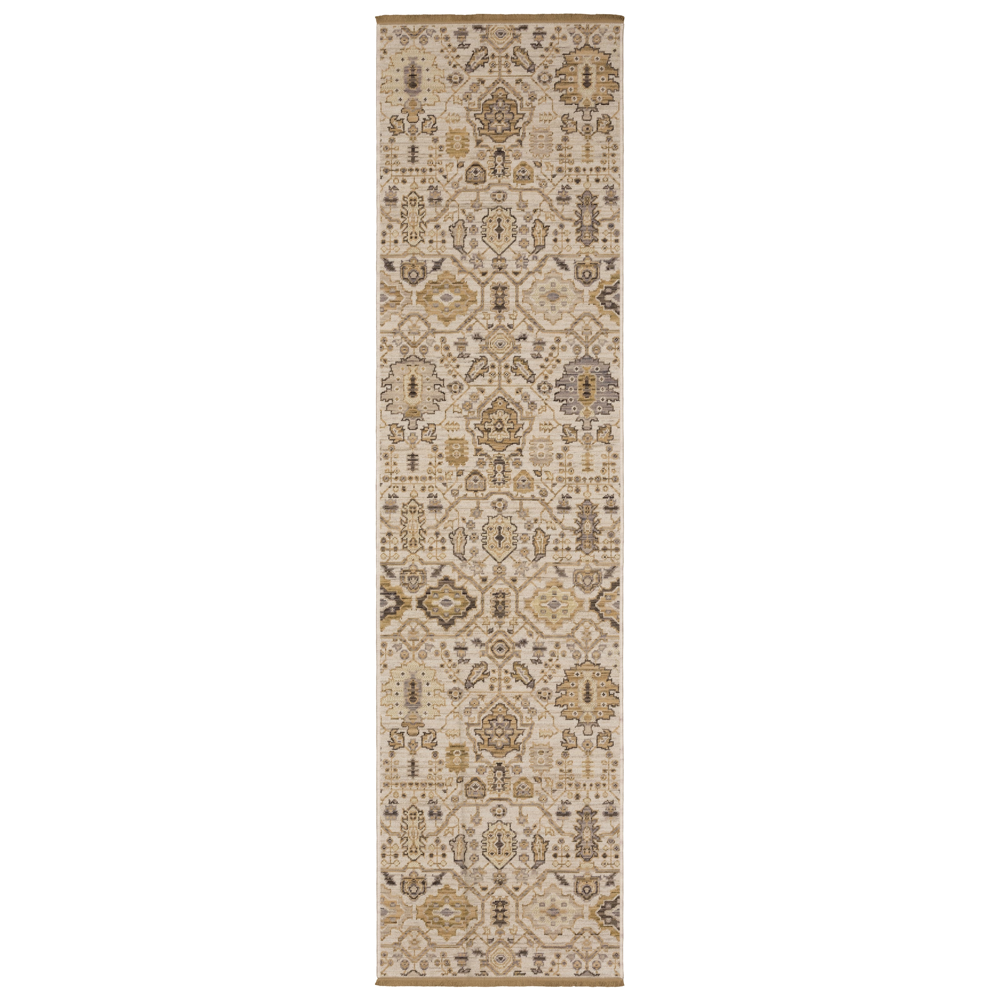 Acacia ACA11 Beige/Gold classic area rug with warm beige and gold tones, traditional pattern, wool nylon construction, and cotton fringe.