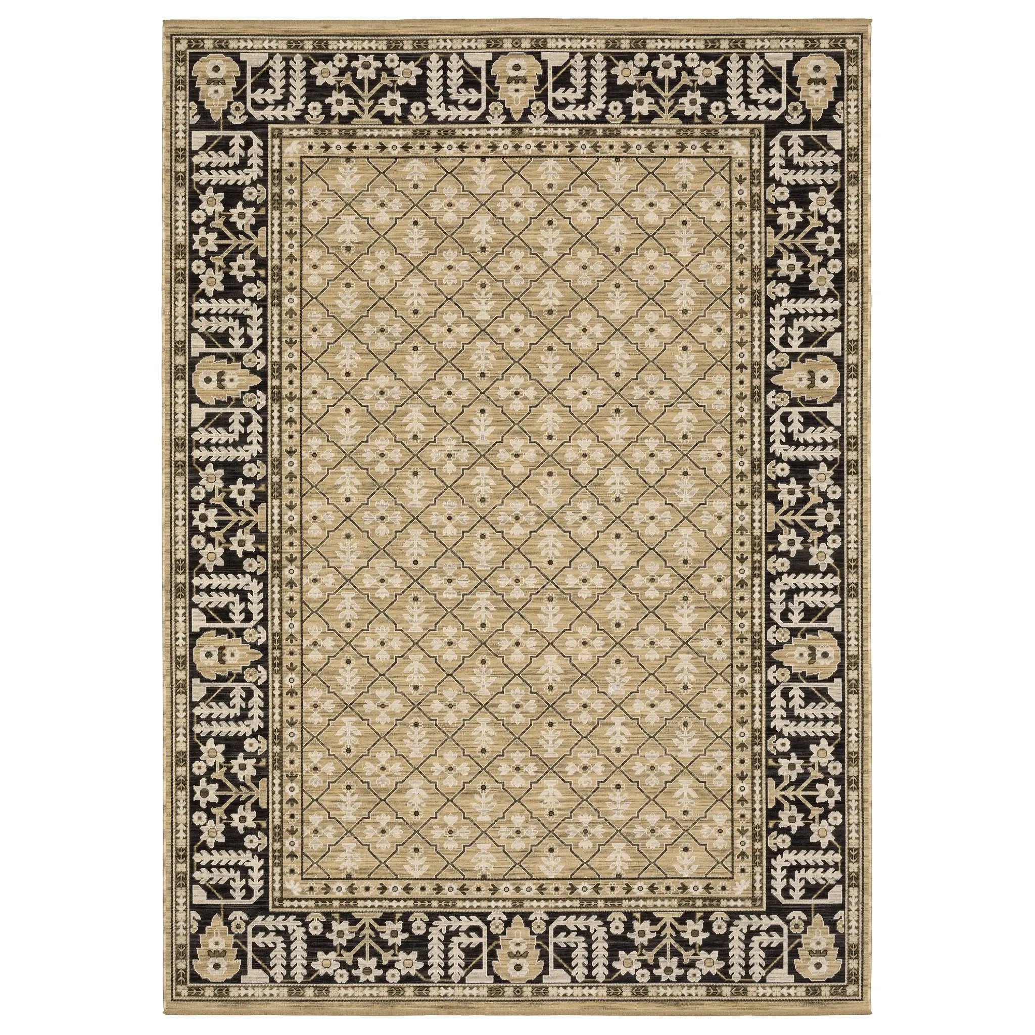 Acacia ACA12 Tan/Charcoal area rug with warm tan ground, charcoal contrast, traditional pattern detail, earthy accents, and cotton fringe.