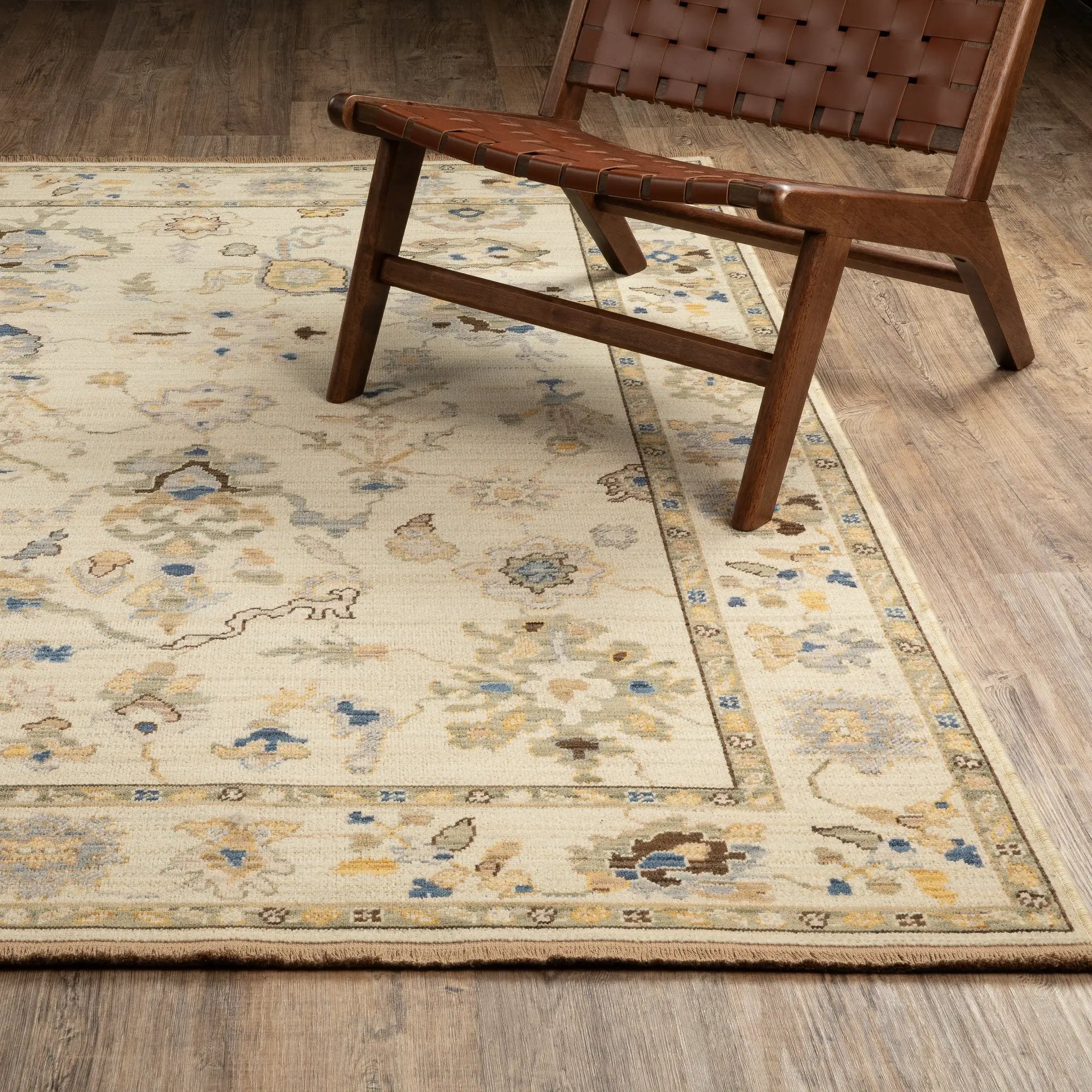 Acacia ACA13 Beige/Tan neutral traditional area rug with warm beige and tan tones, vintage-style pattern, wool nylon blend, and fringe.