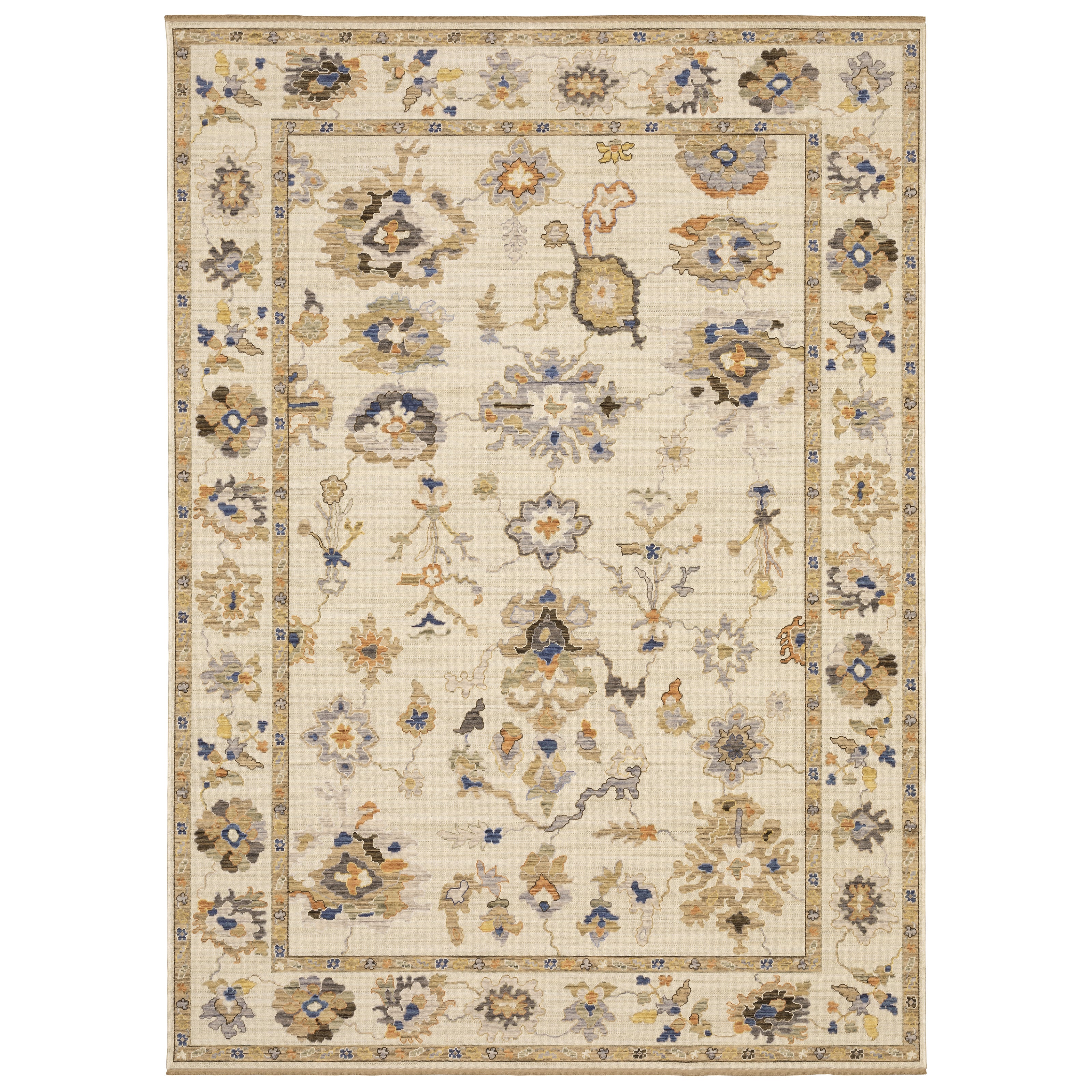 Acacia ACA13 Beige/Tan neutral traditional area rug with warm beige and tan tones, vintage-style pattern, wool nylon blend, and fringe.
