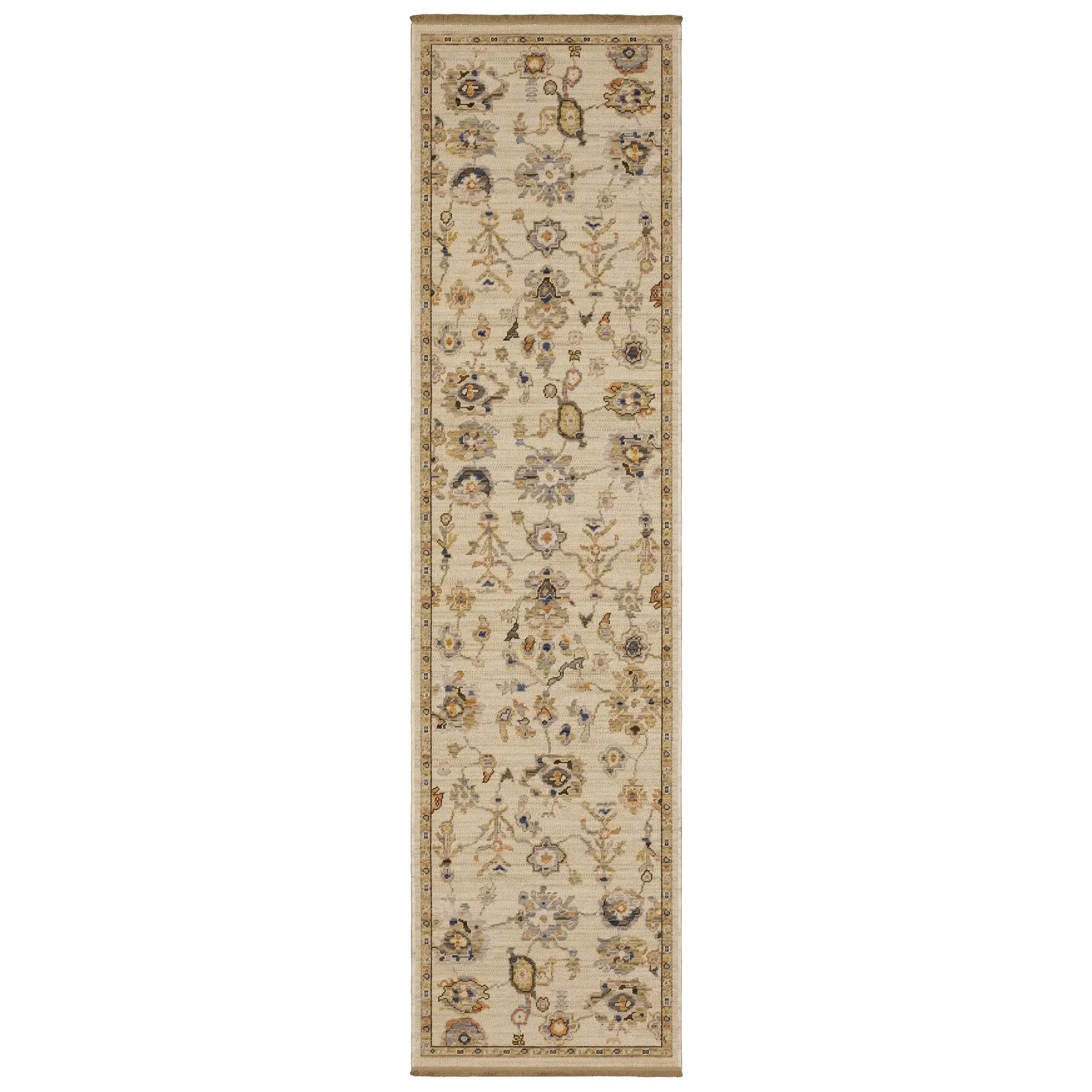 Acacia ACA13 Beige/Tan neutral traditional area rug with warm beige and tan tones, vintage-style pattern, wool nylon blend, and fringe.