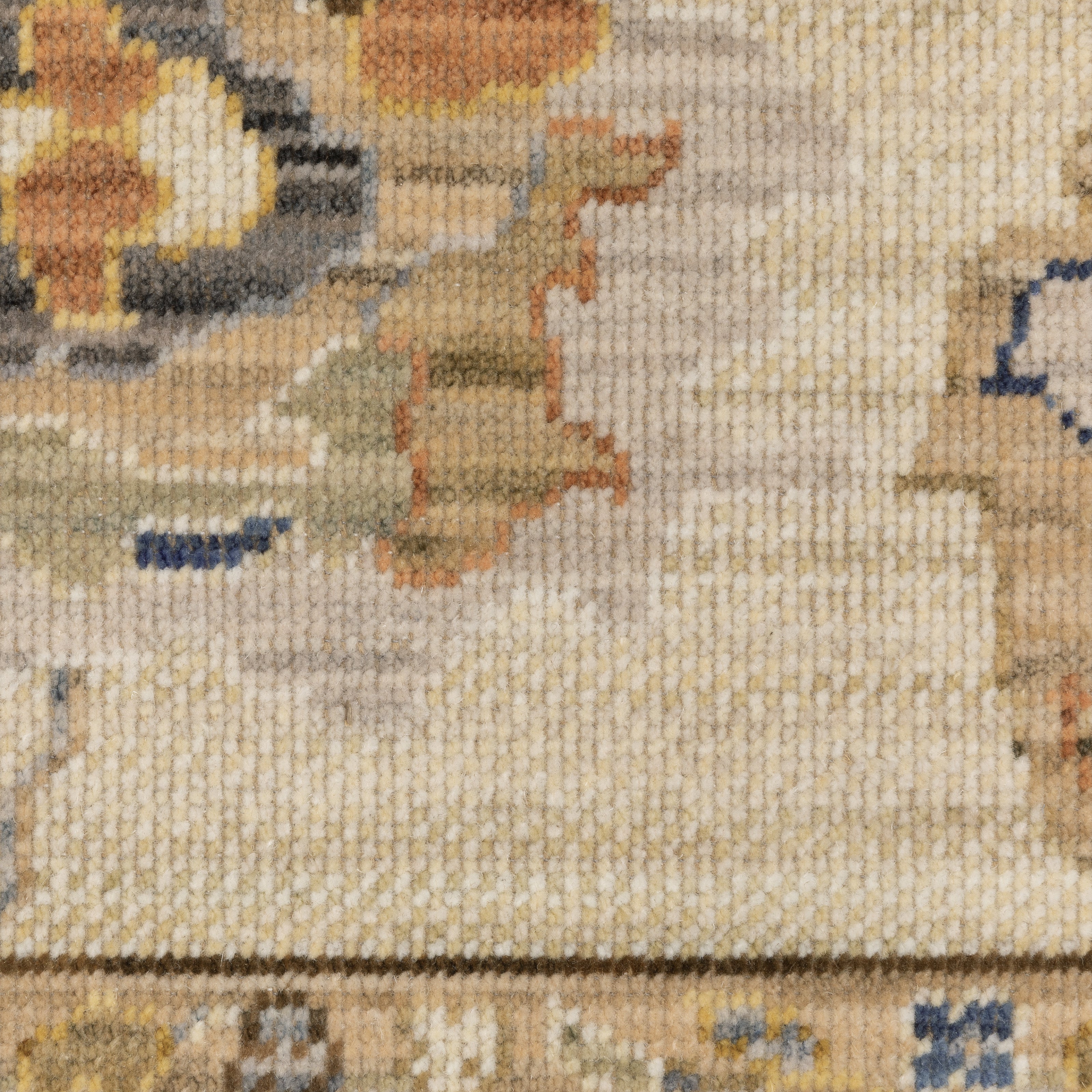 Acacia ACA13 Beige/Tan neutral traditional area rug with warm beige and tan tones, vintage-style pattern, wool nylon blend, and fringe.