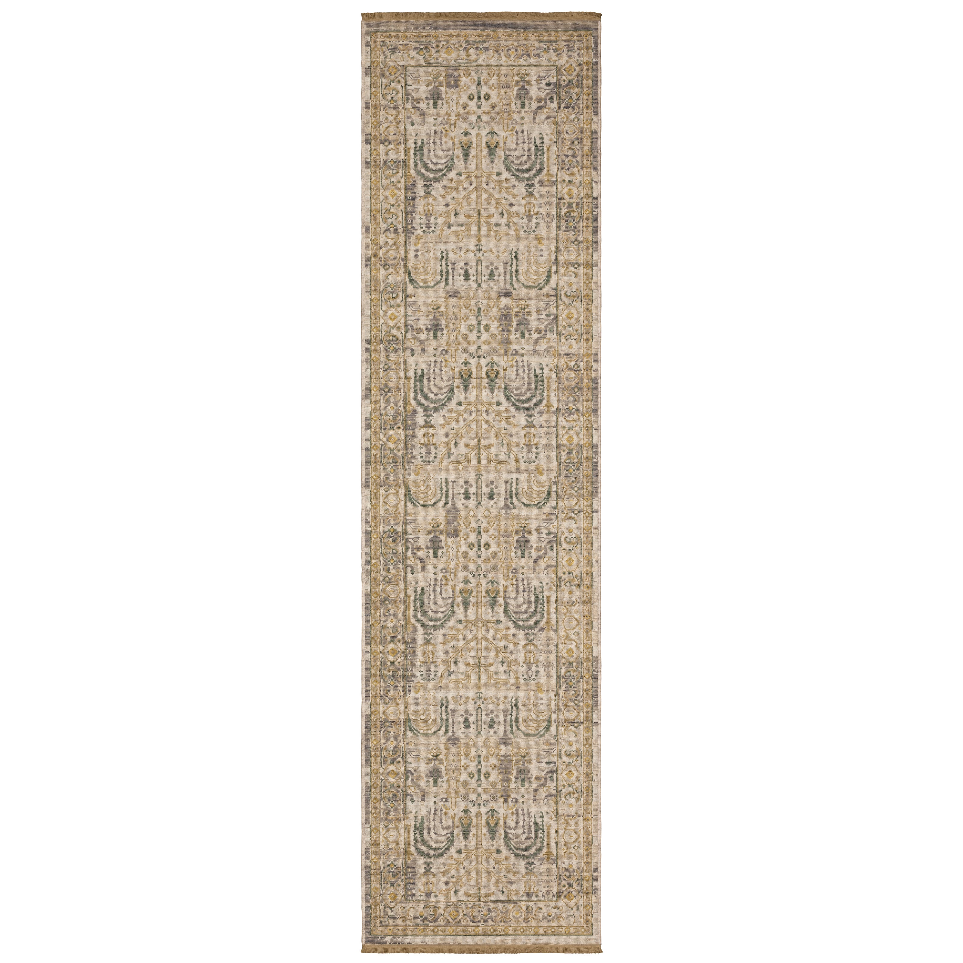 Acacia ACA14 Beige/Green nature-inspired traditional area rug with soft beige and green palette, warm accent colors, and cotton fringe.