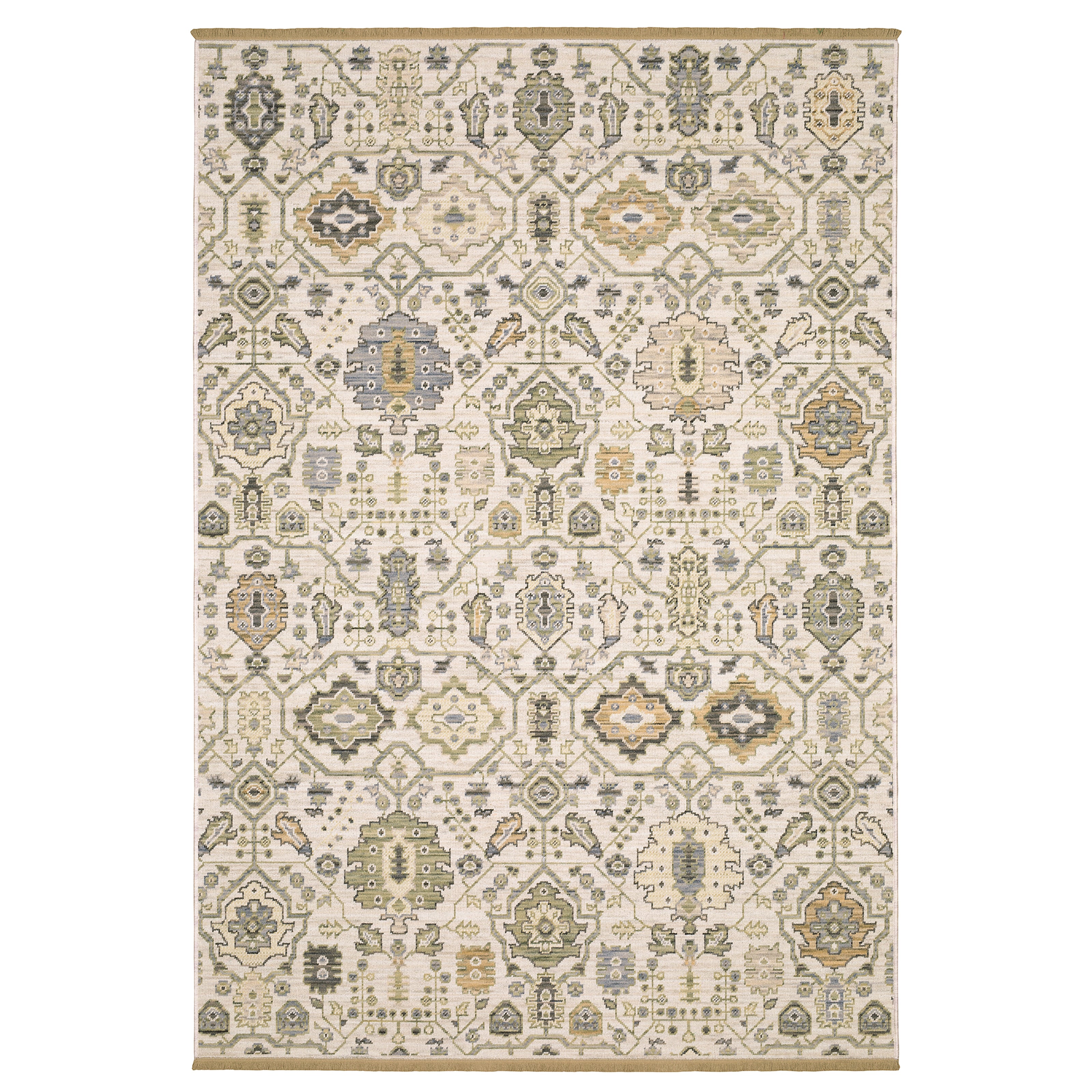 Acacia ACA16 Ivory/Gold elegant traditional area rug with refined ivory and gold palette, subtle accent colors, and cotton fringe.