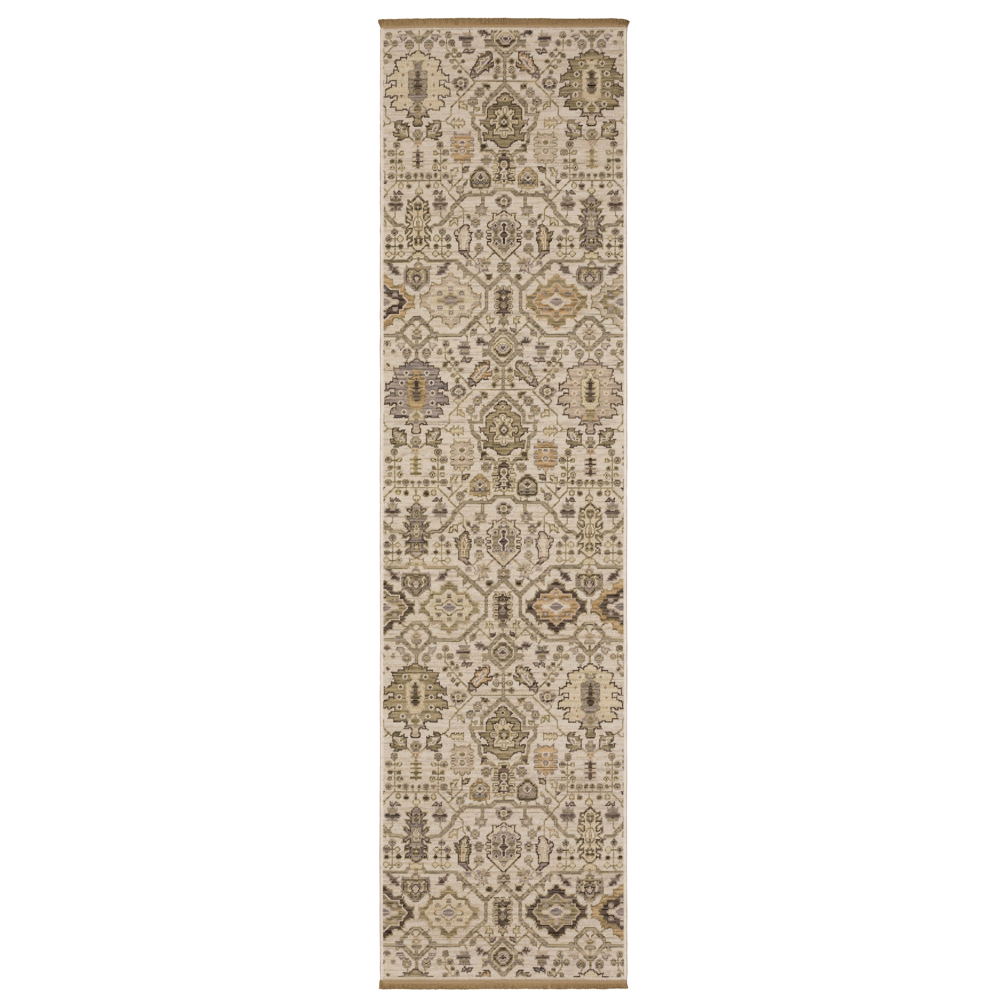 Acacia ACA16 Ivory/Gold elegant traditional area rug with refined ivory and gold palette, subtle accent colors, and cotton fringe.