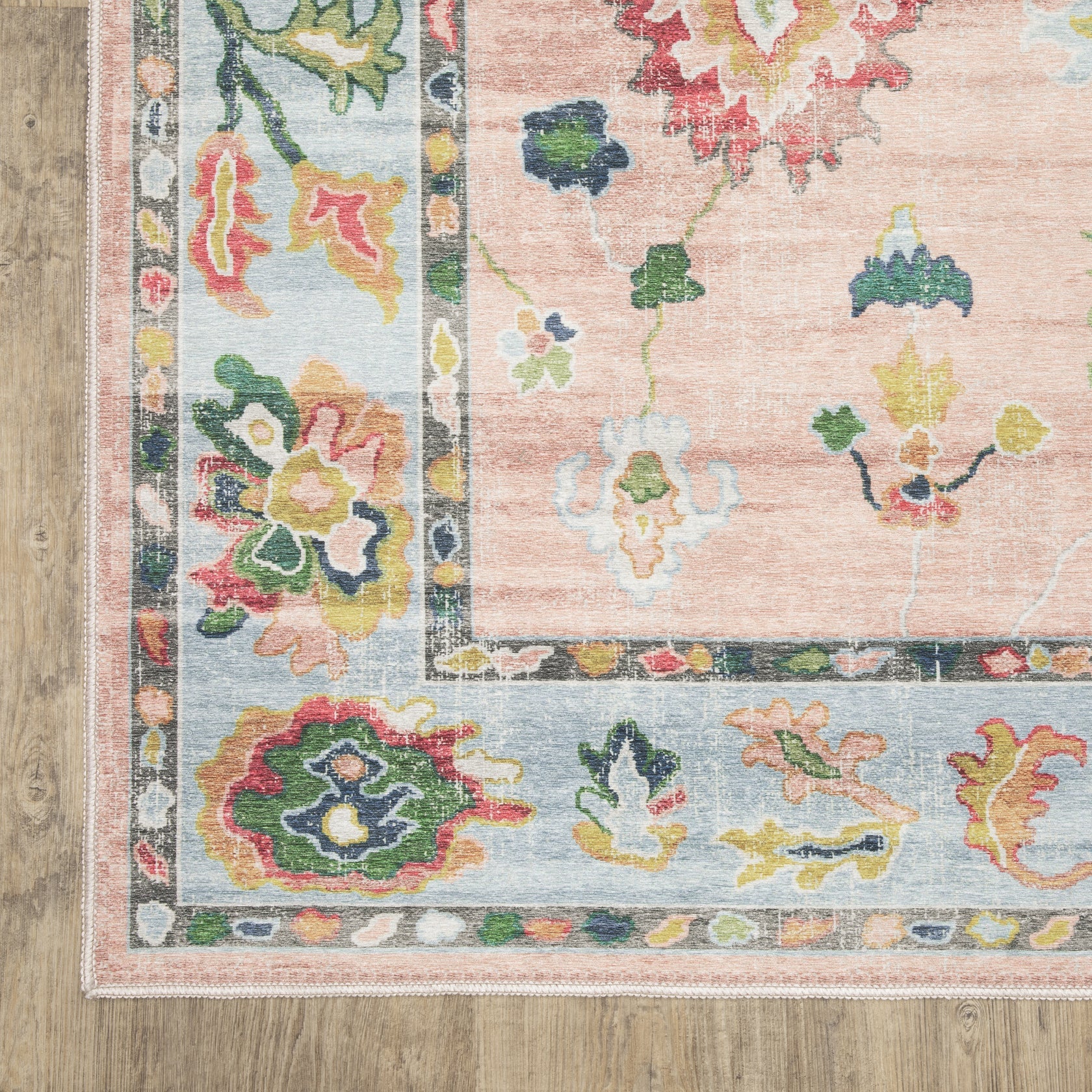 Addison ADD01 Pink/Blue Area Rug, washable pink, blue area rug with printed Oushak-inspired design and low-profile construction.