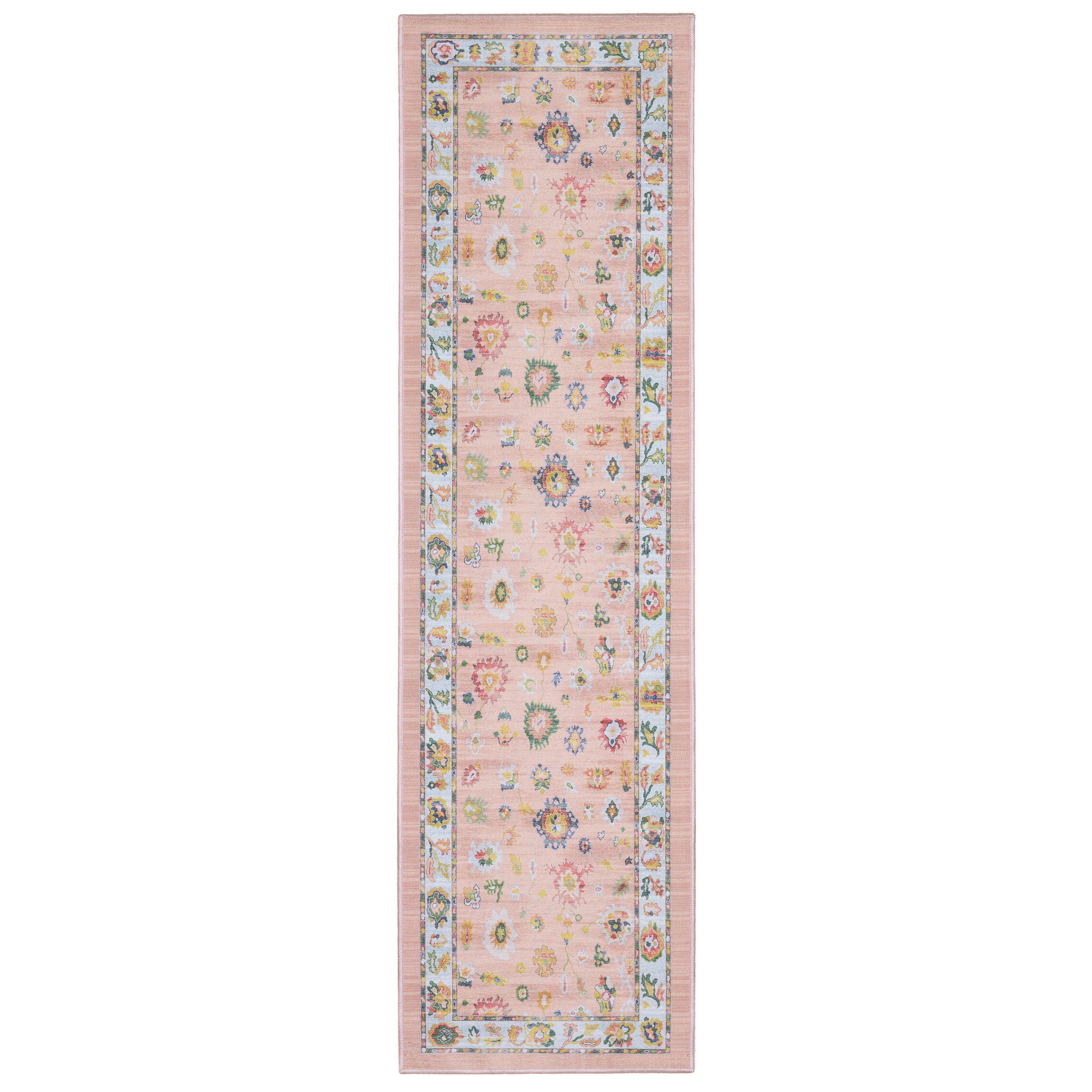 Addison ADD01 Pink/Blue Area Rug, washable pink, blue area rug with printed Oushak-inspired design and low-profile construction.
