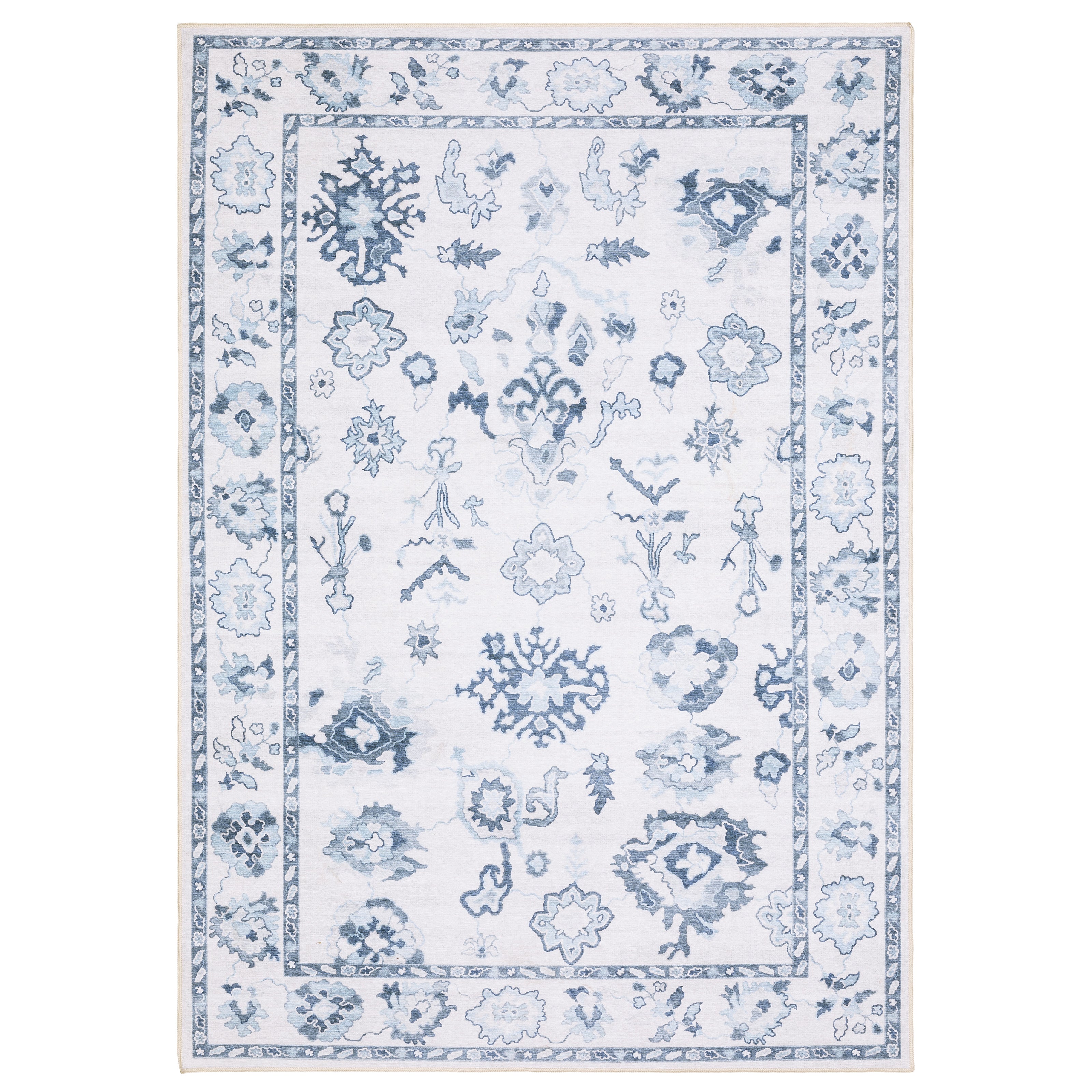Addison ADD02 Ivory/Blue Area Rug, washable ivory blue area rug with Oushak-inspired printed detailing and low-profile surface.