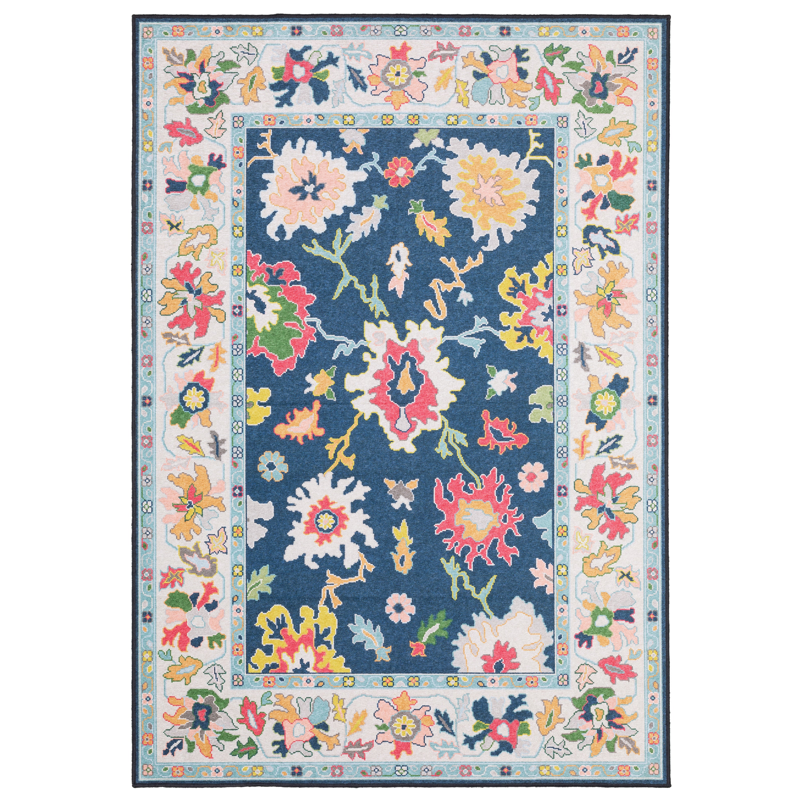 Addison ADD03 Blue/Multi Area Rug, washable Oushak-inspired blue multi area rug with printed pattern and low-profile design.