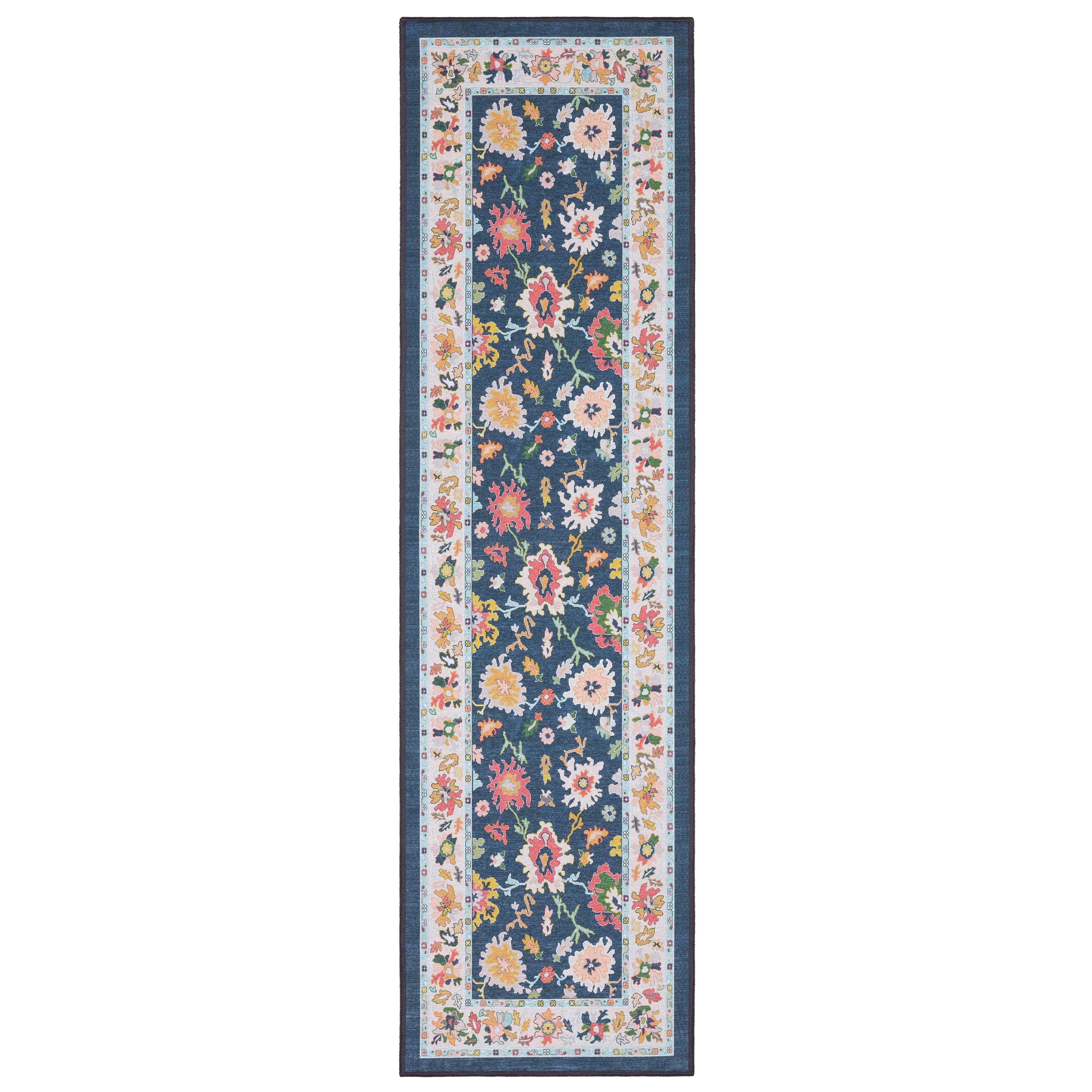 Addison ADD03 Blue/Multi Area Rug, washable Oushak-inspired blue multi area rug with printed pattern and low-profile design.