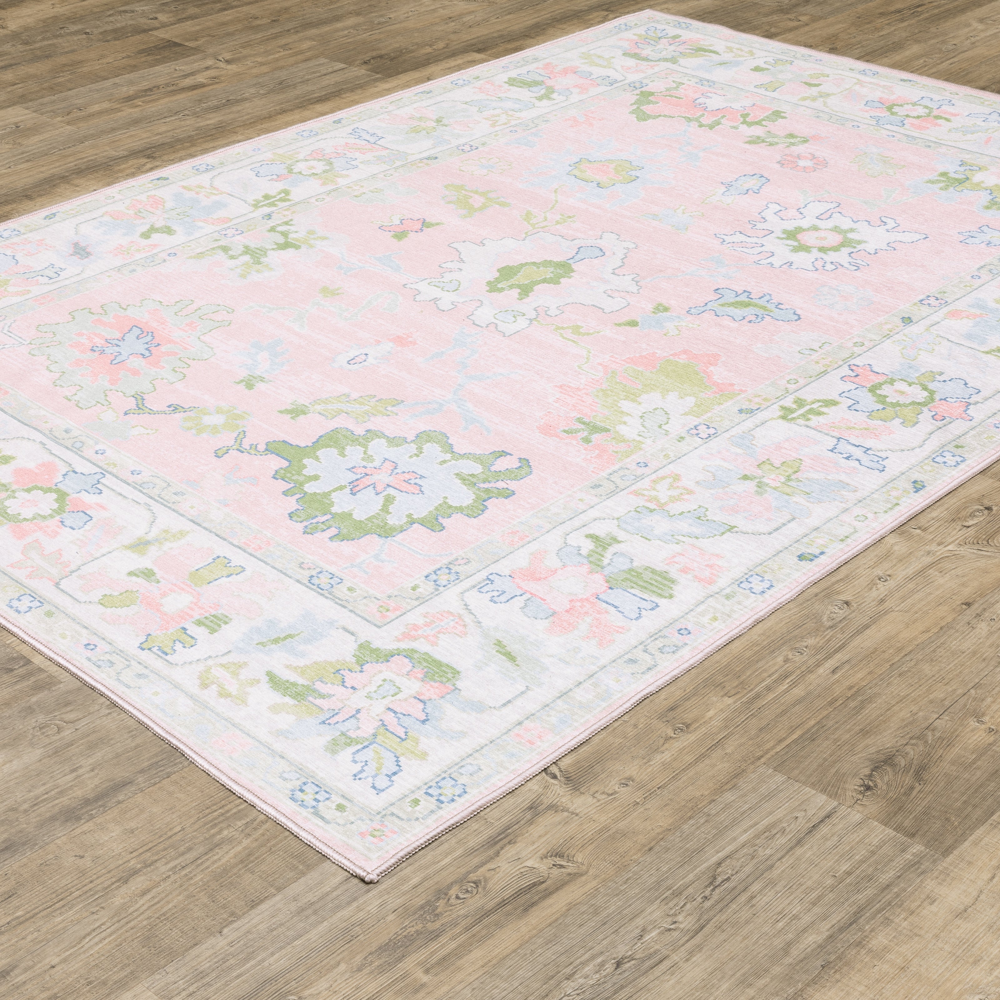 Addison ADD04 Pink/Green Area Rug, washable pink, green Oushak-style area rug with traditional printed pattern and low-profile surface.