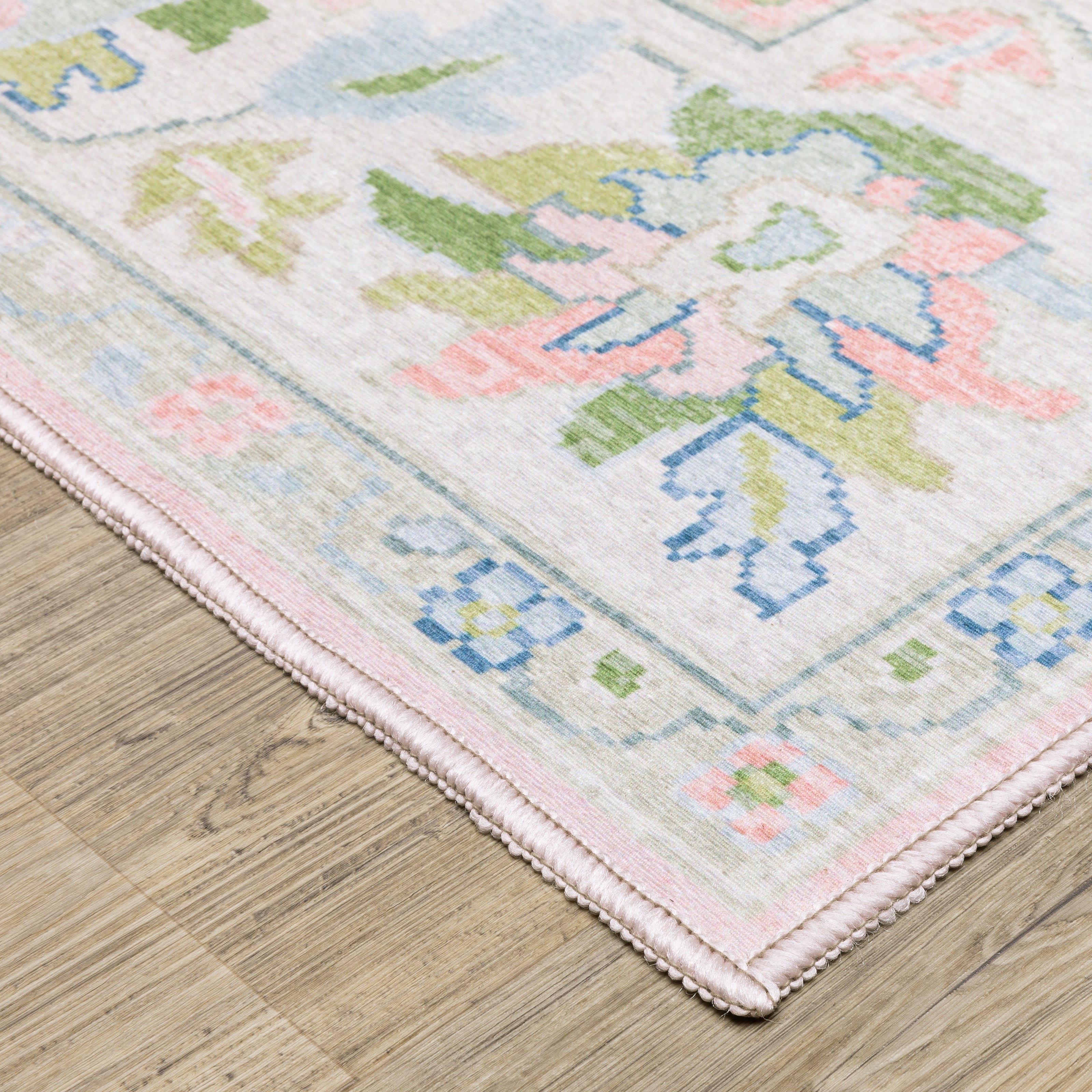 Addison ADD04 Pink/Green Area Rug, washable pink, green Oushak-style area rug with traditional printed pattern and low-profile surface.