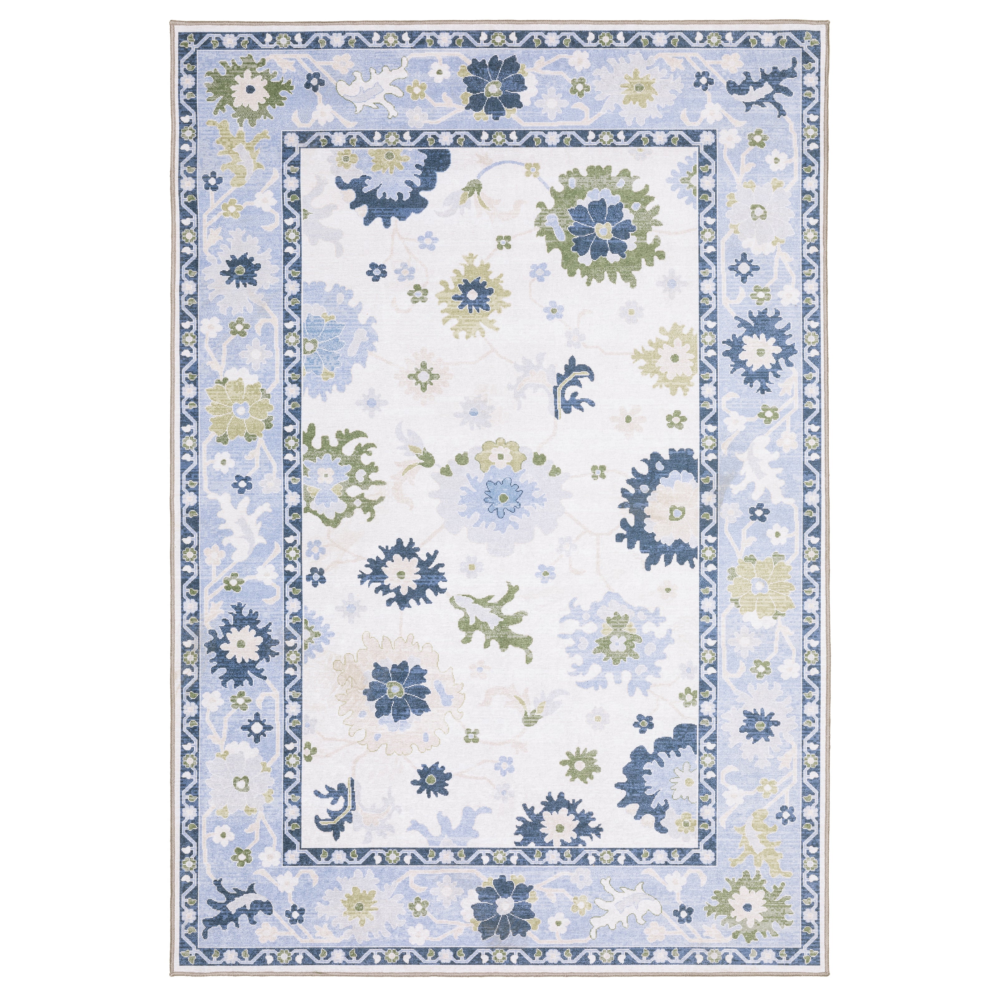 Addison ADD05 White/Blue Area Rug, washable white, blue area rug with Oushak-inspired printed design and non-slip backing.
