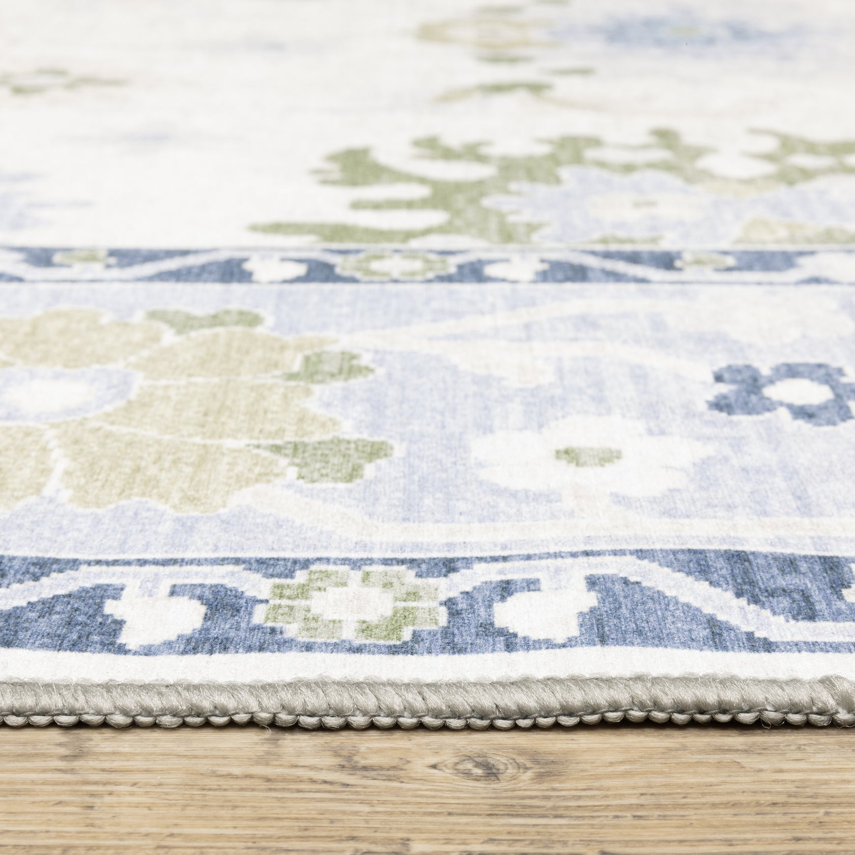 Addison ADD05 White/Blue Area Rug, washable white, blue area rug with Oushak-inspired printed design and non-slip backing.
