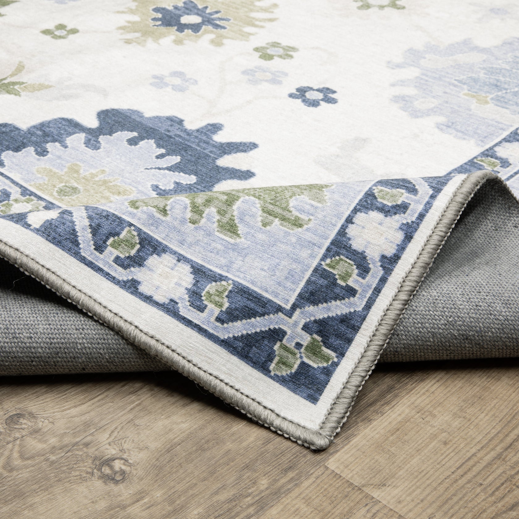 Addison ADD05 White/Blue Area Rug, washable white, blue area rug with Oushak-inspired printed design and non-slip backing.