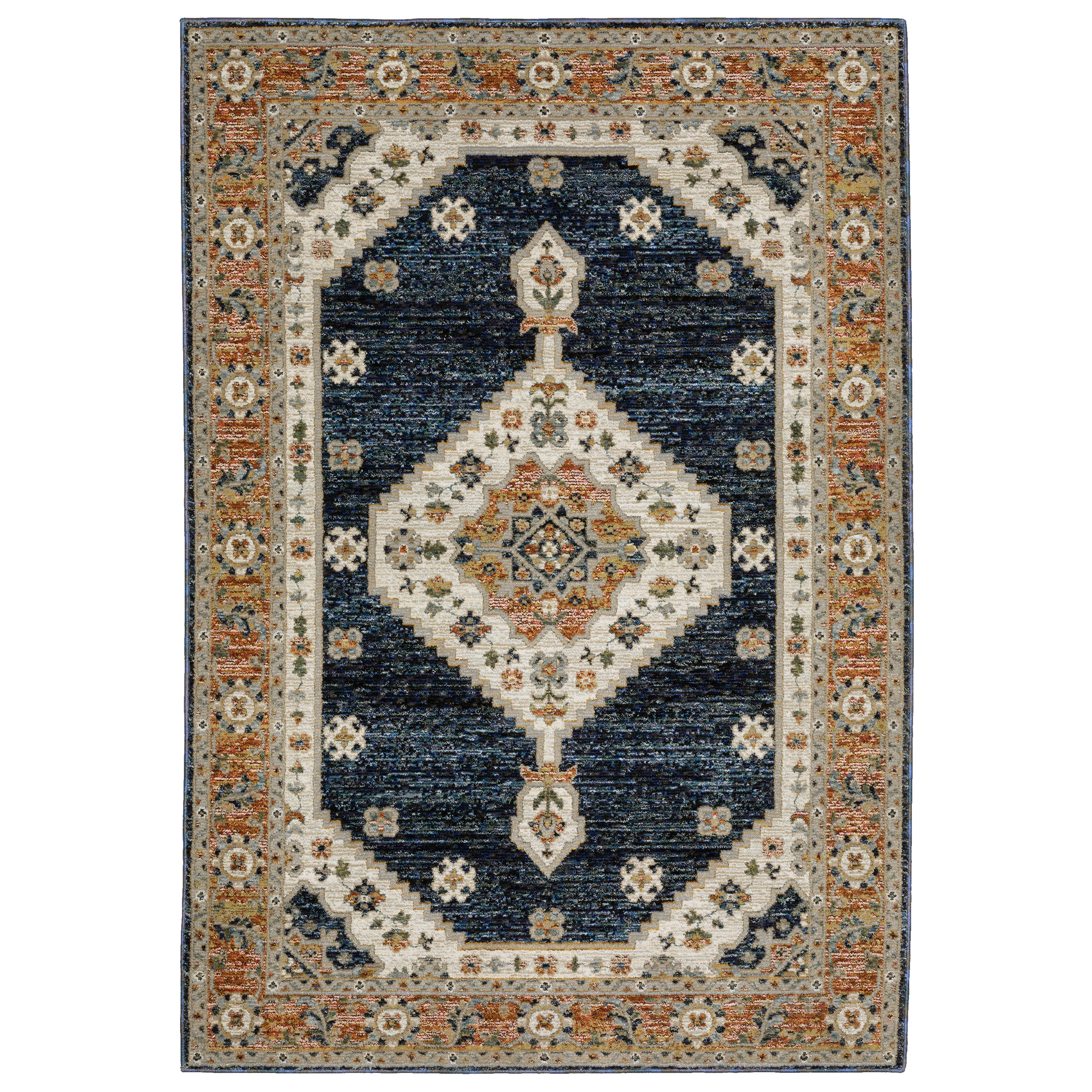 Andorra 2281E Blue/Orange Area Rug, blue, orange modern traditional area rug with bold vintage-inspired pattern and dense soft pile.