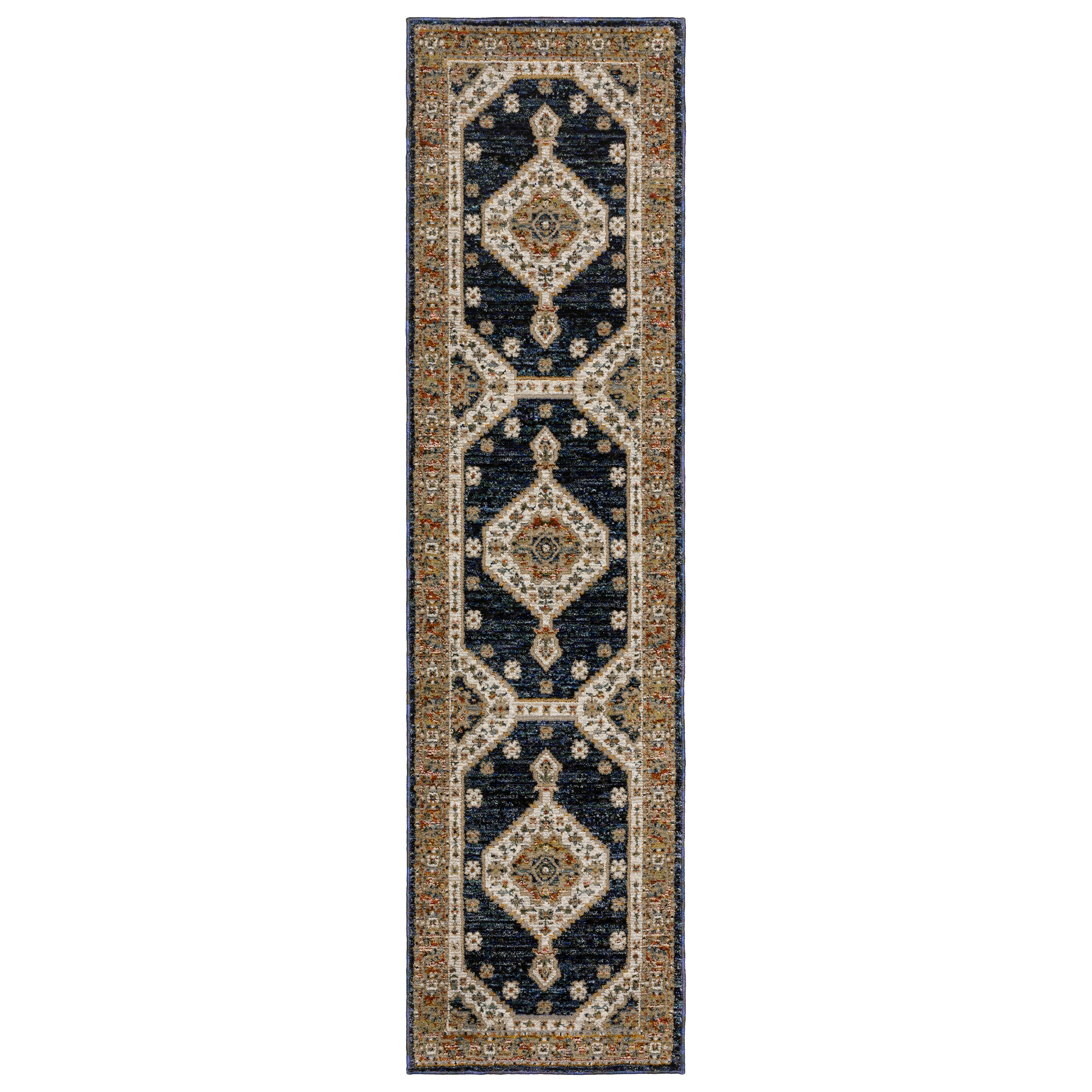 Andorra 2281E Blue/Orange Area Rug, blue, orange modern traditional area rug with bold vintage-inspired pattern and dense soft pile.