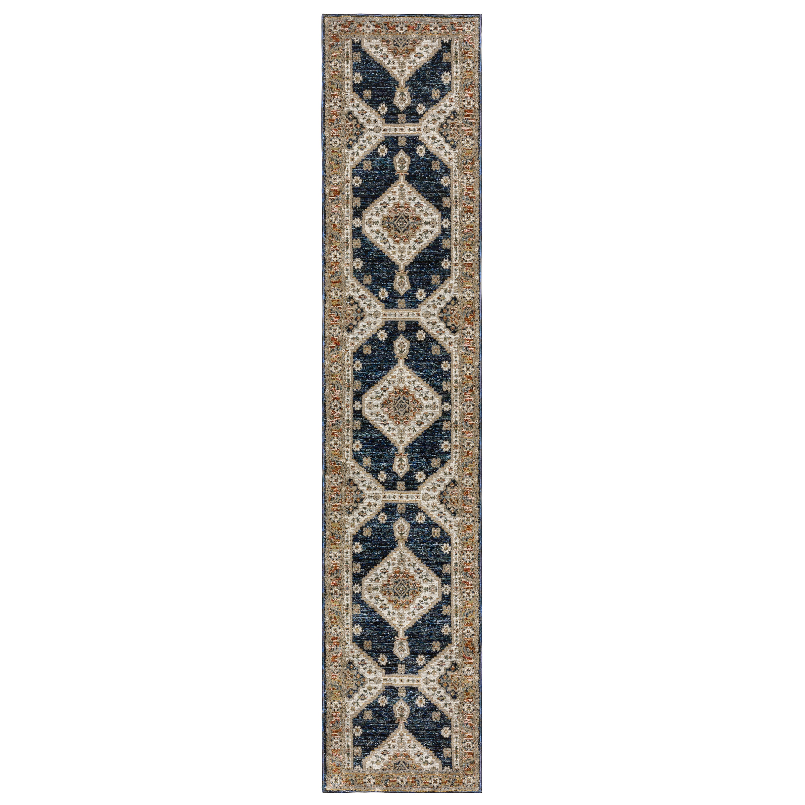 Andorra 2281E Blue/Orange Area Rug, blue, orange modern traditional area rug with bold vintage-inspired pattern and dense soft pile.