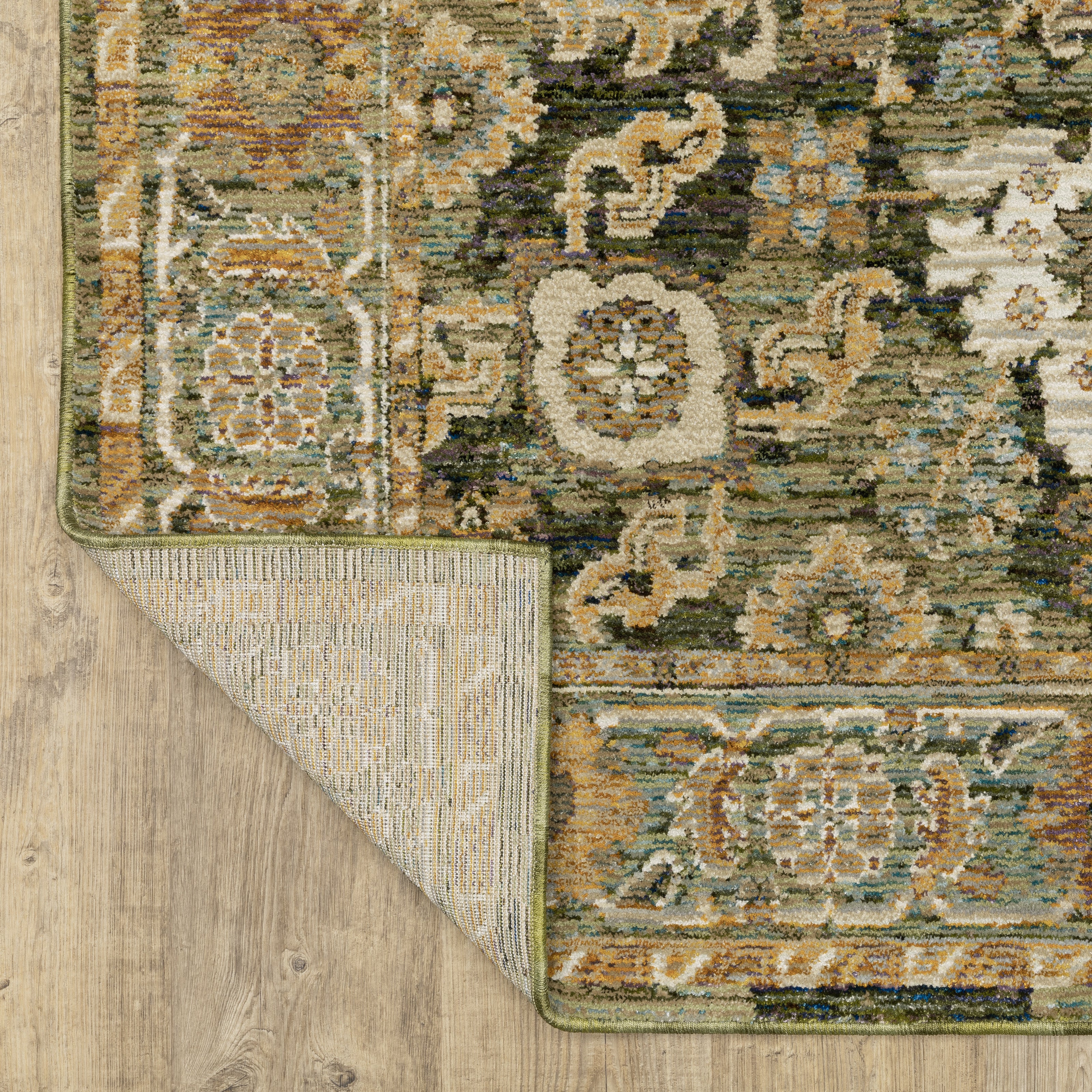 Andorra 2417B Green/Gold Area Rug, green gold modern traditional area rug with vintage-inspired pattern and dense soft pile.