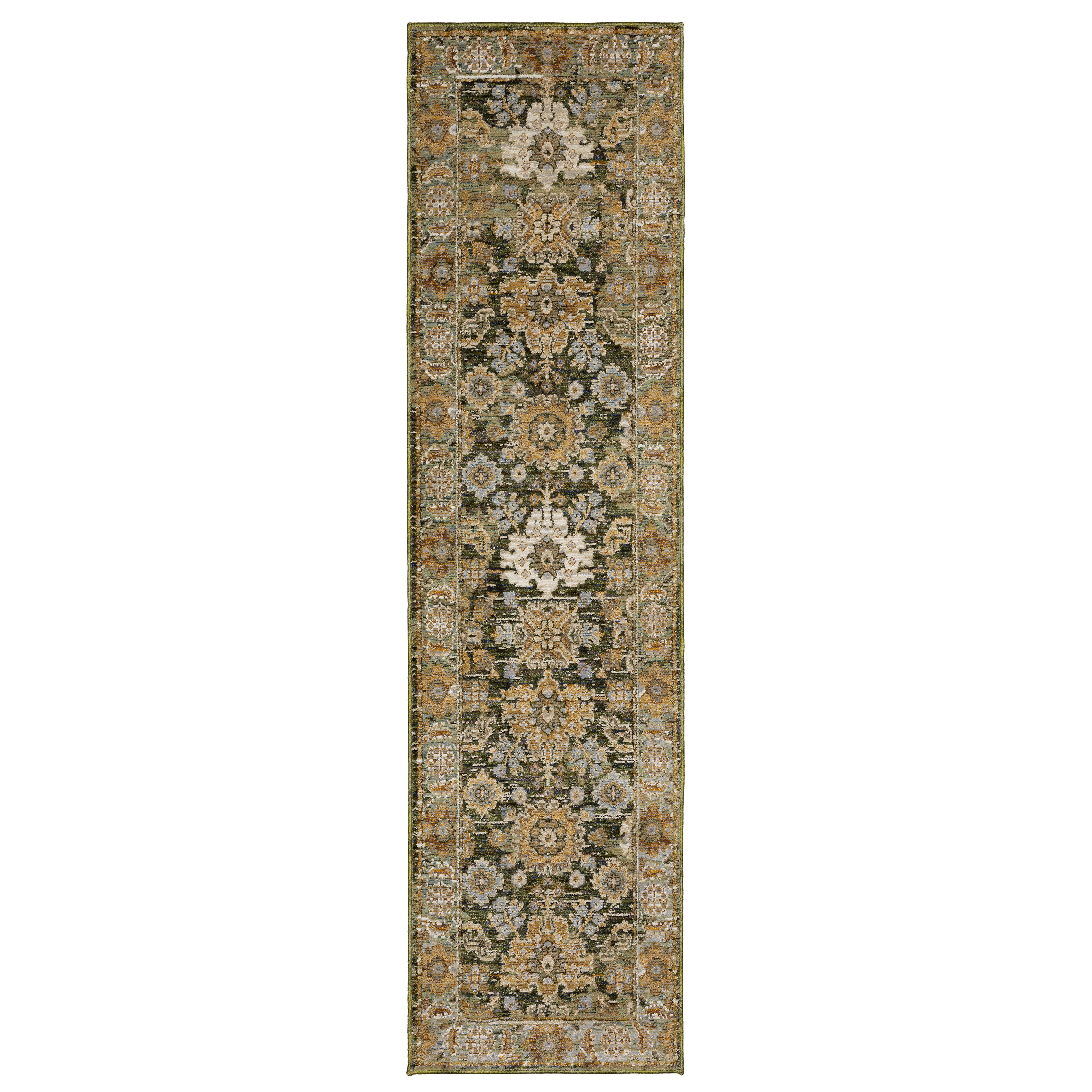Andorra 2417B Green/Gold Area Rug, green gold modern traditional area rug with vintage-inspired pattern and dense soft pile.