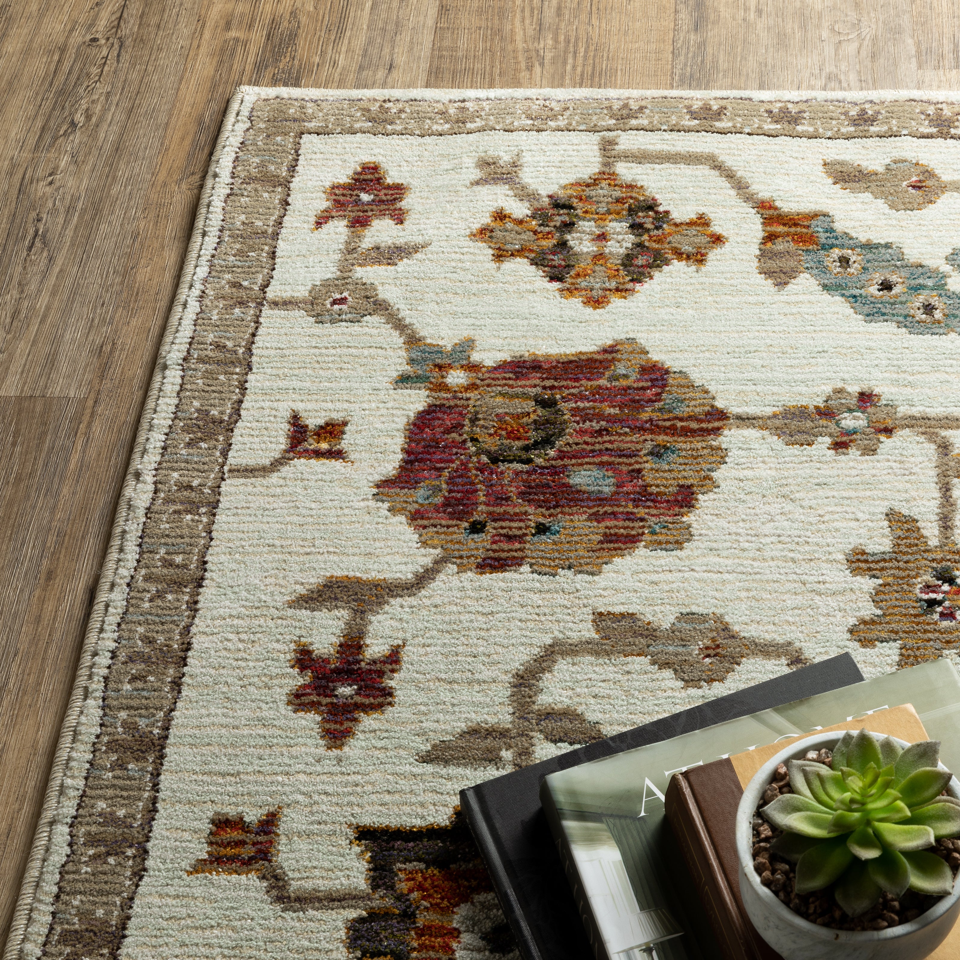 Andorra 2419B Ivory/Multi Area Rug, ivory multi modern traditional area rug with vintage-style design and plush dense pile.