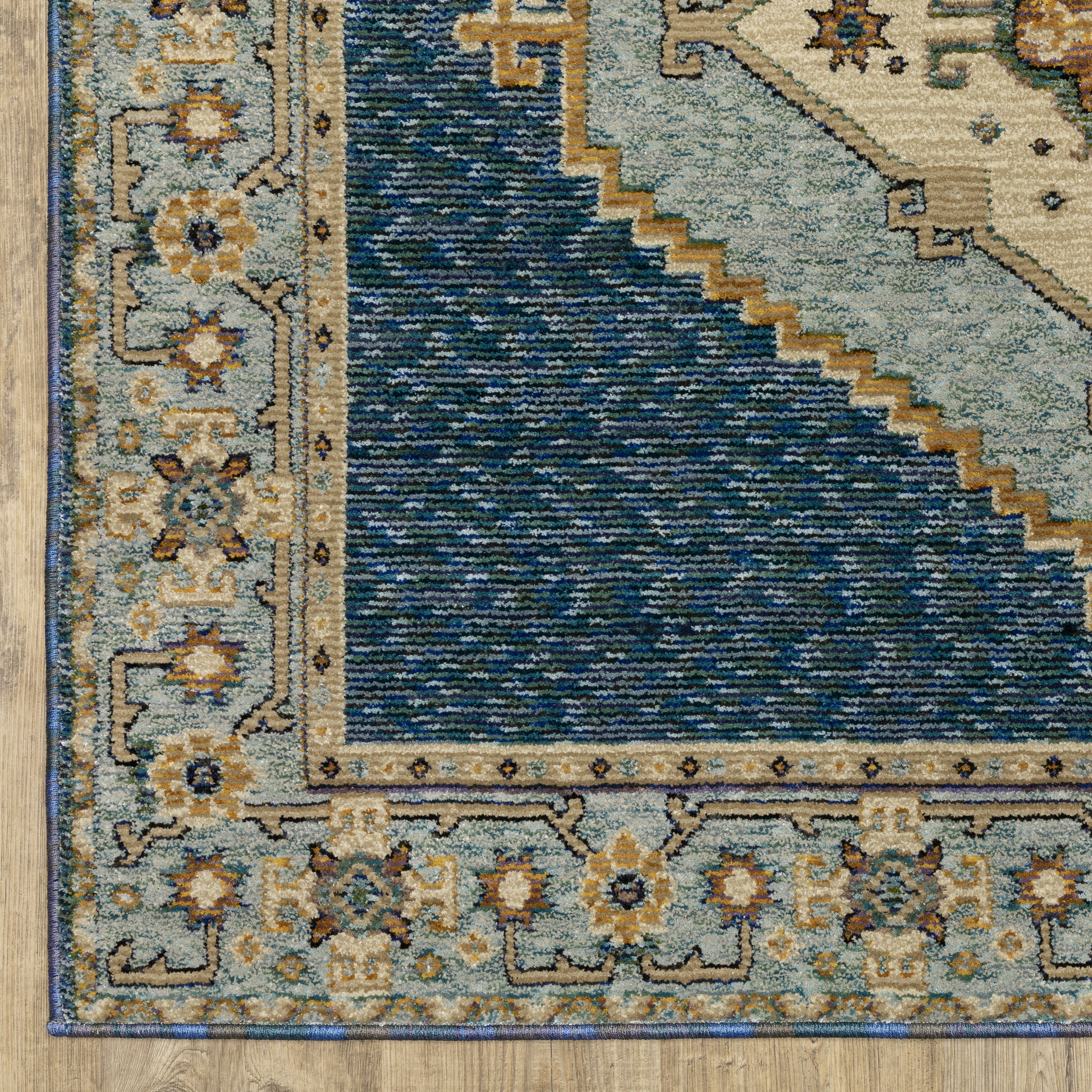 Andorra 2430A Blue/Gold Area Rug, blue gold modern traditional area rug with rich vintage-inspired pattern and soft dense pile.