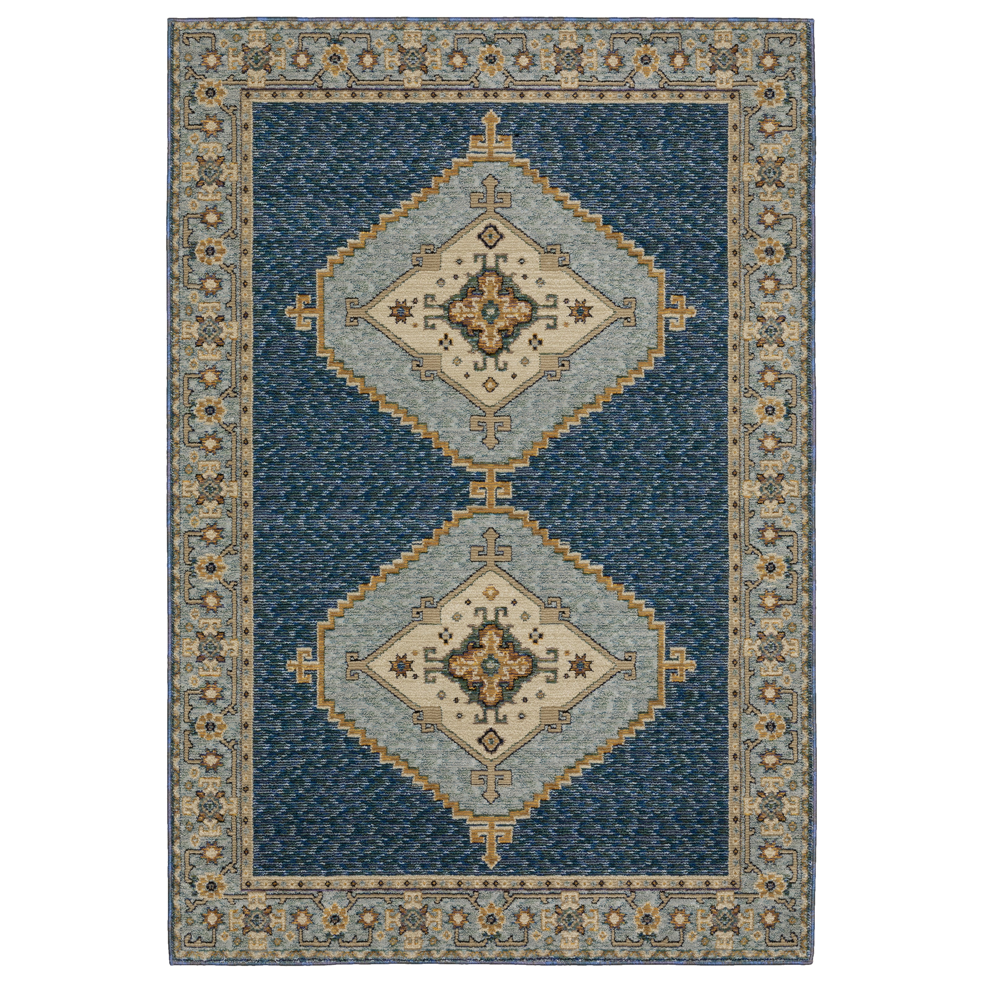 Andorra 2430A Blue/Gold Area Rug, blue gold modern traditional area rug with rich vintage-inspired pattern and soft dense pile.