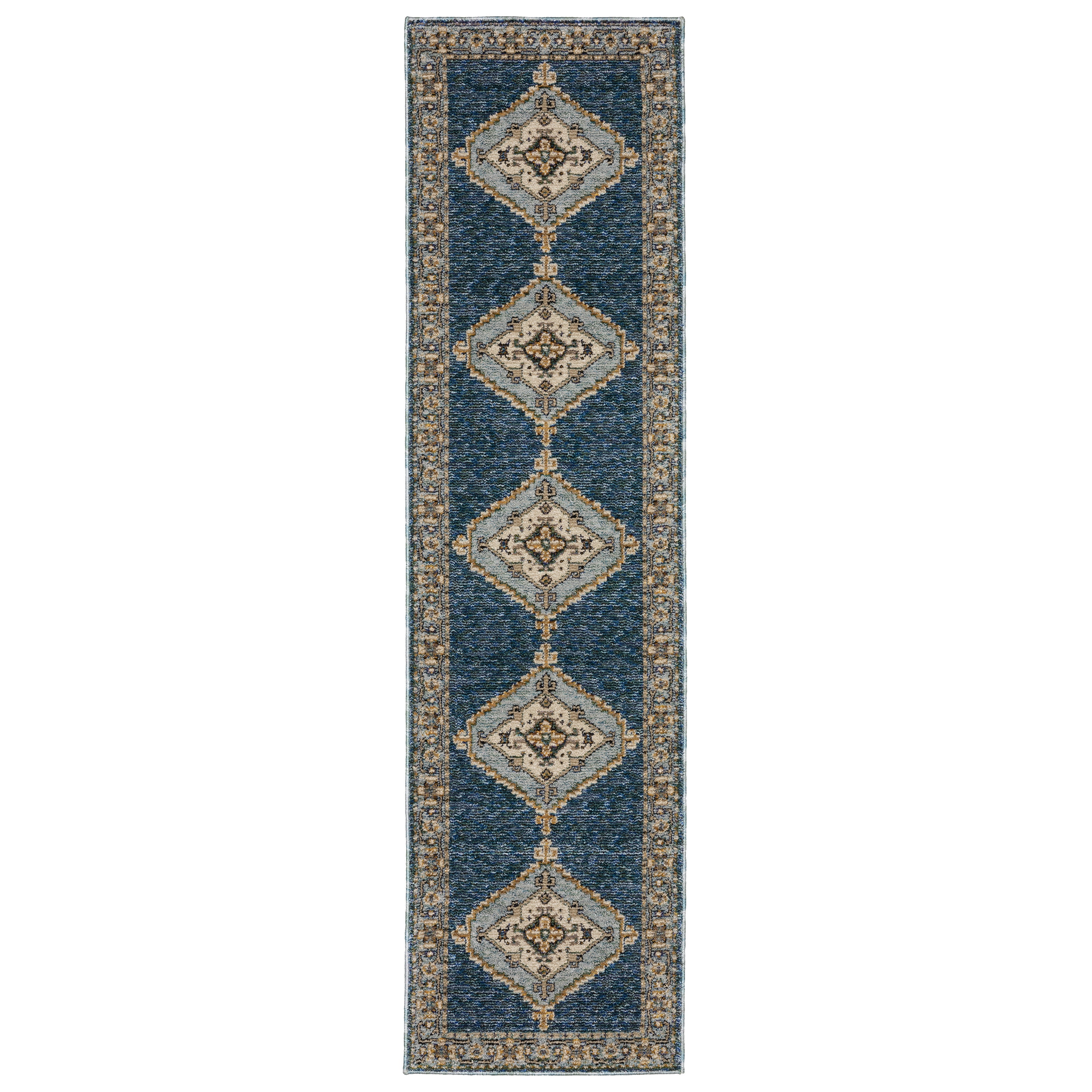 Andorra 2430A Blue/Gold Area Rug, blue gold modern traditional area rug with rich vintage-inspired pattern and soft dense pile.
