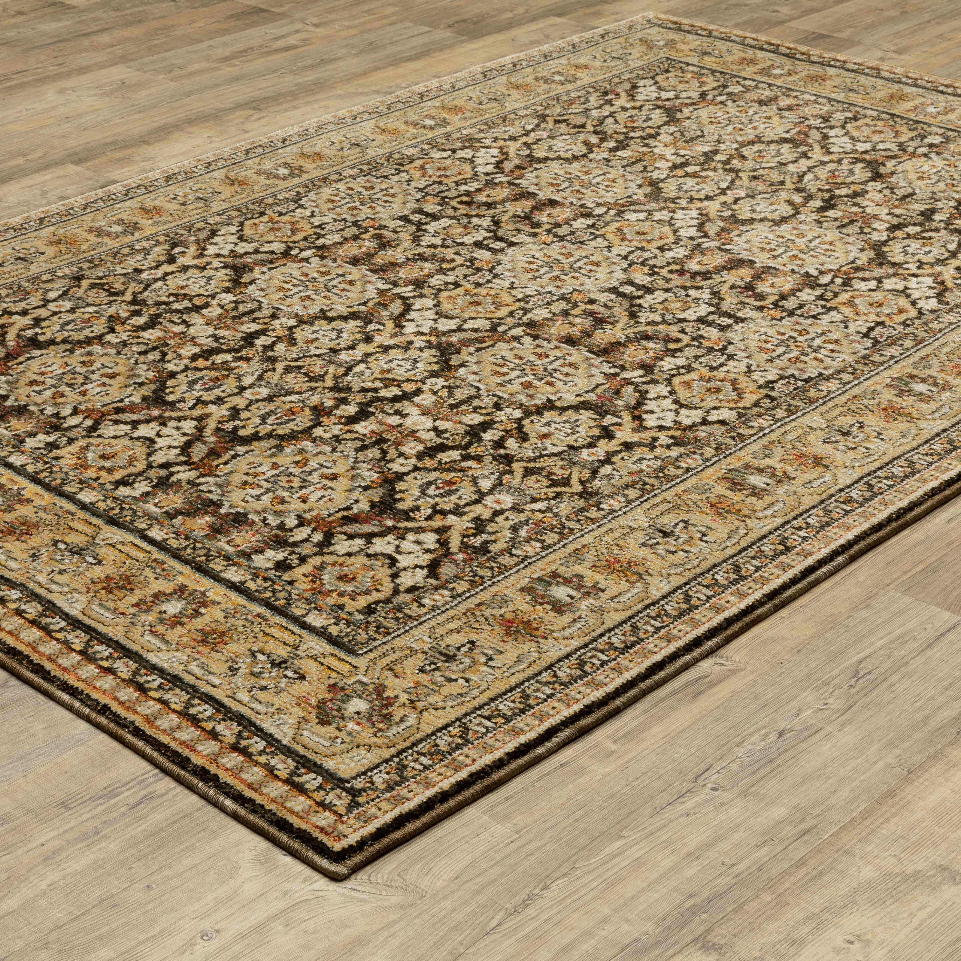 Andorra 2431A Brown/Gold Area Rug, brown gold modern traditional area rug with vintage-style pattern and luxurious soft pile.