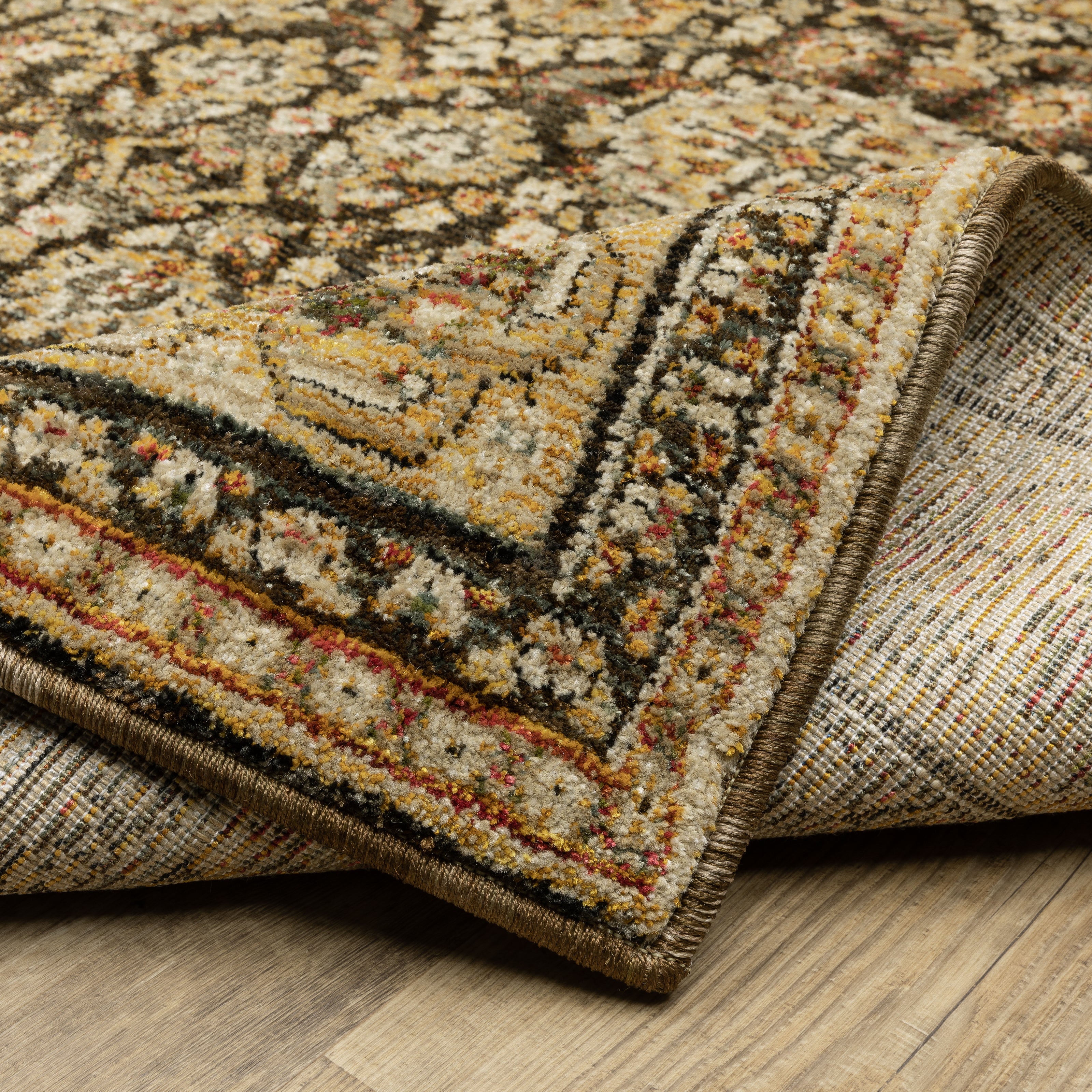 Andorra 2431A Brown/Gold Area Rug, brown gold modern traditional area rug with vintage-style pattern and luxurious soft pile.