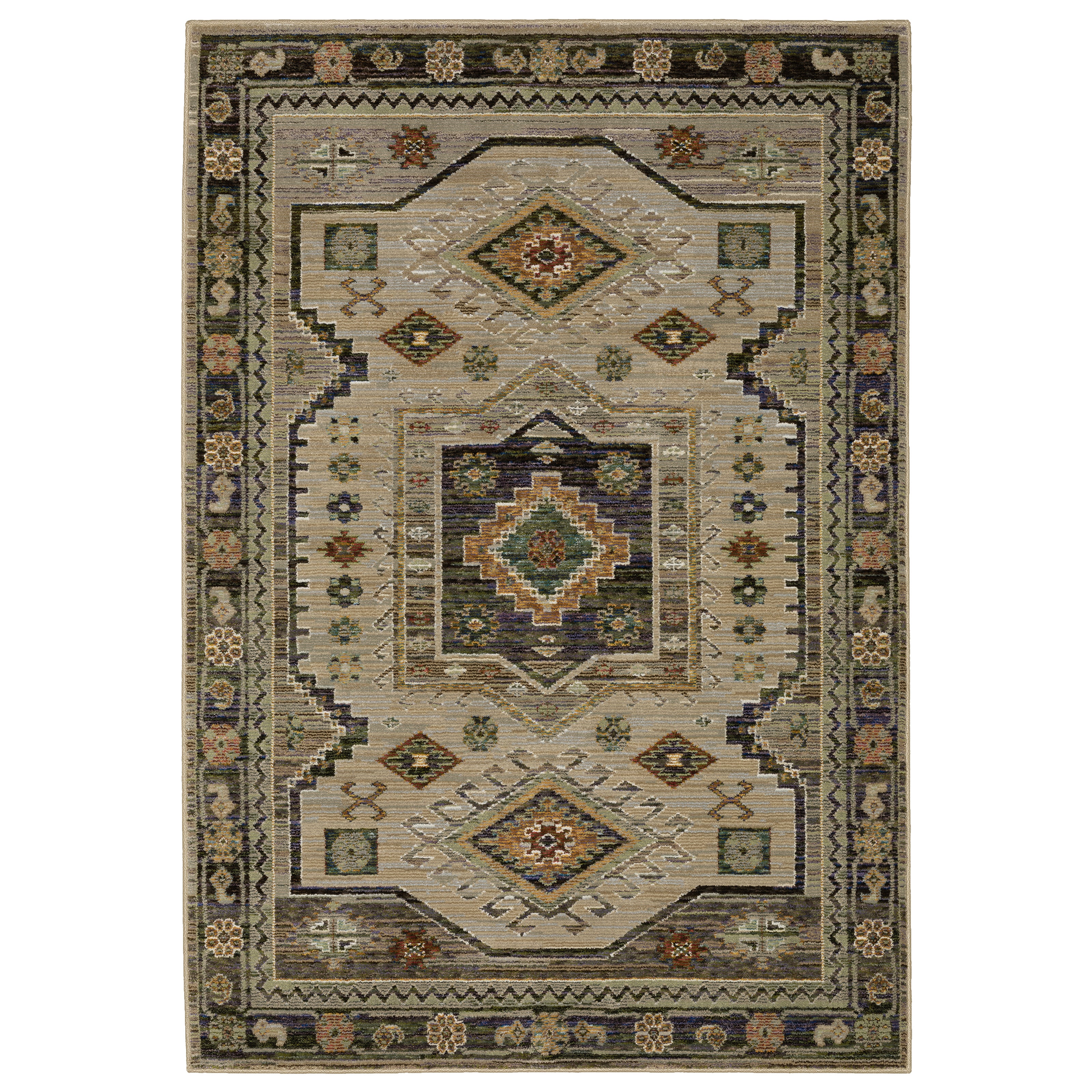 Andorra 2442D Grey/Green Area Rug, grey green modern traditional area rug with vintage-inspired pattern and plush dense pile.