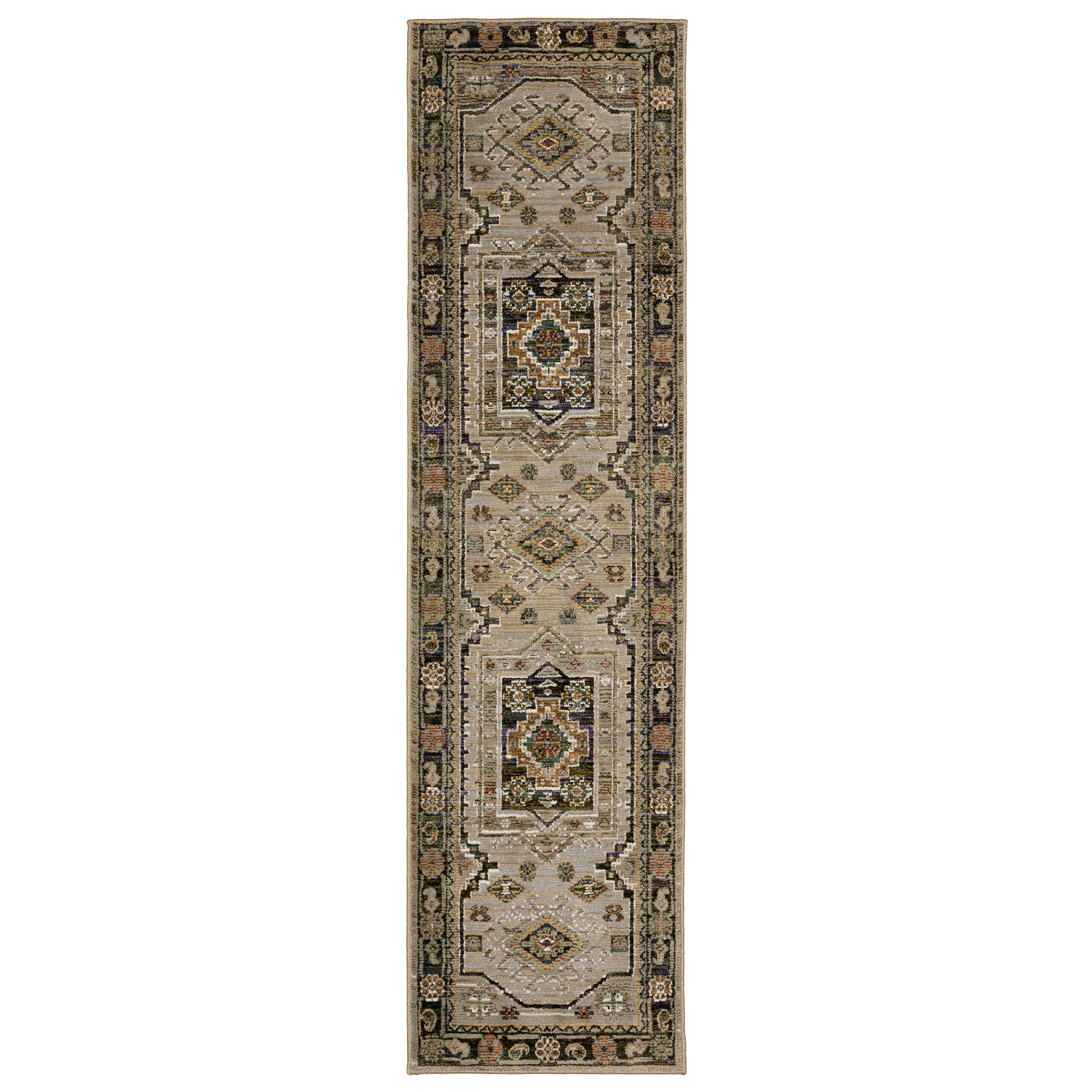 Andorra 2442D Grey/Green Area Rug, grey green modern traditional area rug with vintage-inspired pattern and plush dense pile.