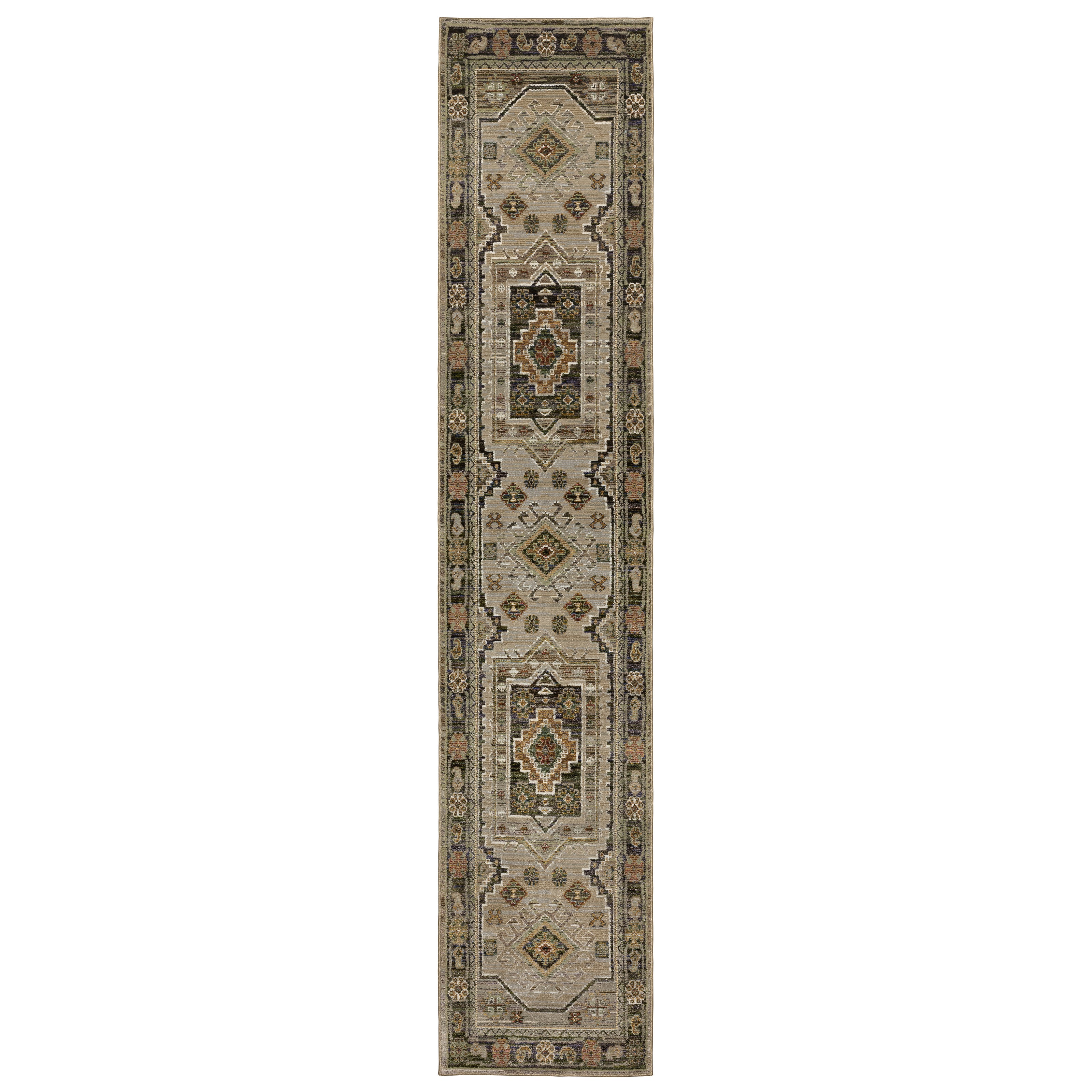 Andorra 2442D Grey/Green Area Rug, grey green modern traditional area rug with vintage-inspired pattern and plush dense pile.