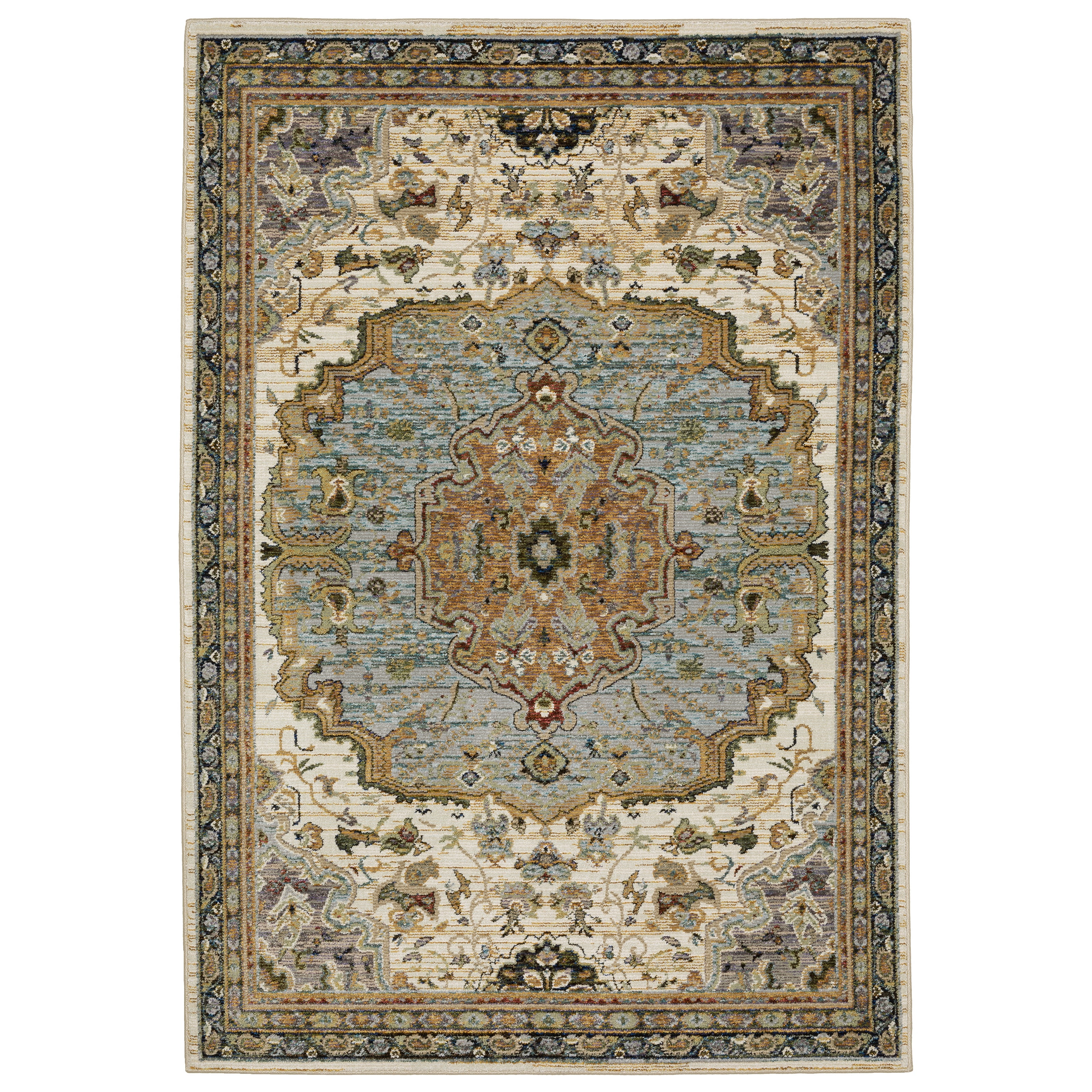 Andorra 2451B Ivory/Blue Area Rug, ivory blue modern traditional area rug with vintage-inspired pattern and refined soft pile.
