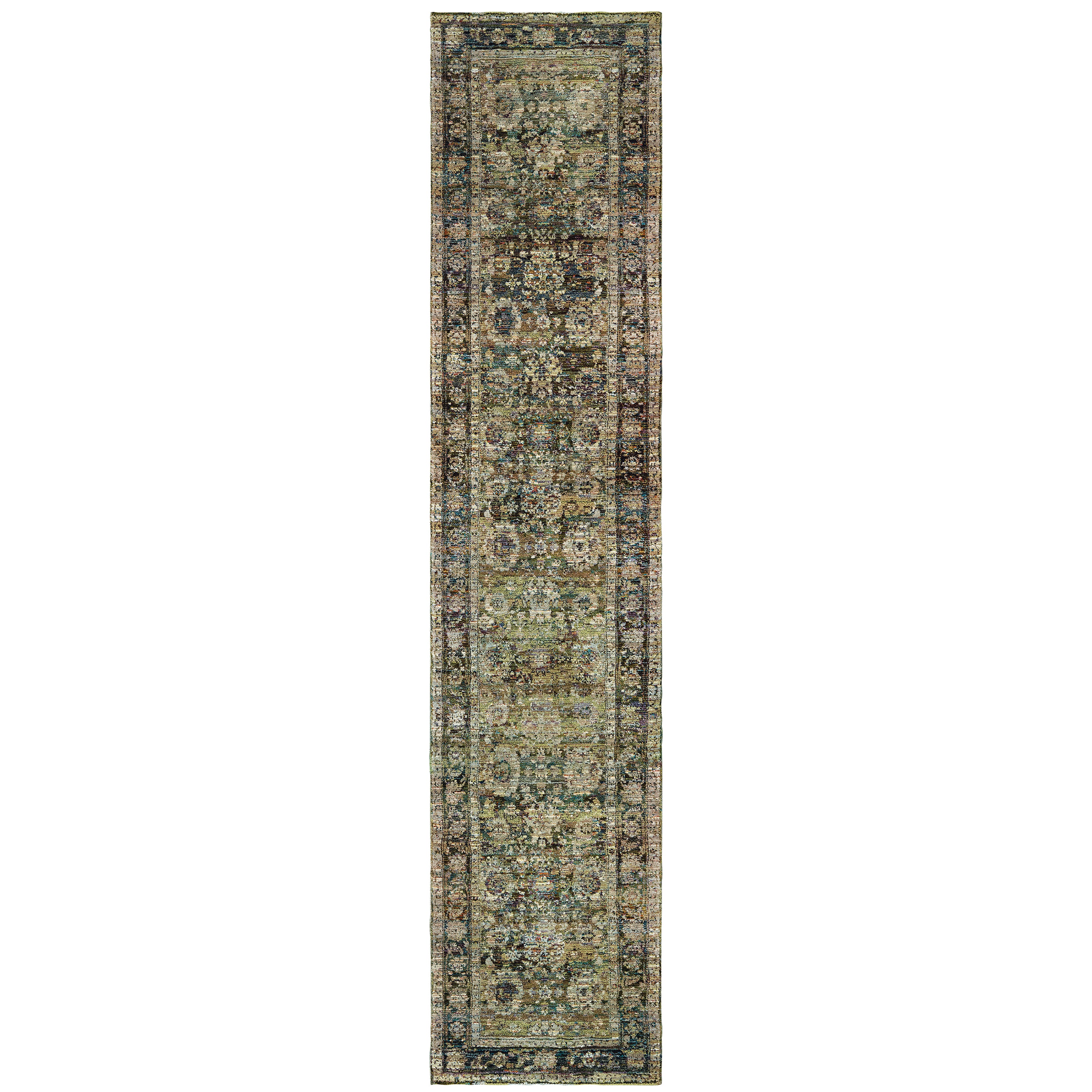 Andorra 7125C Green/Brown Area Rug, green, brown modern traditional area rug with earthy vintage-inspired pattern and dense pile.