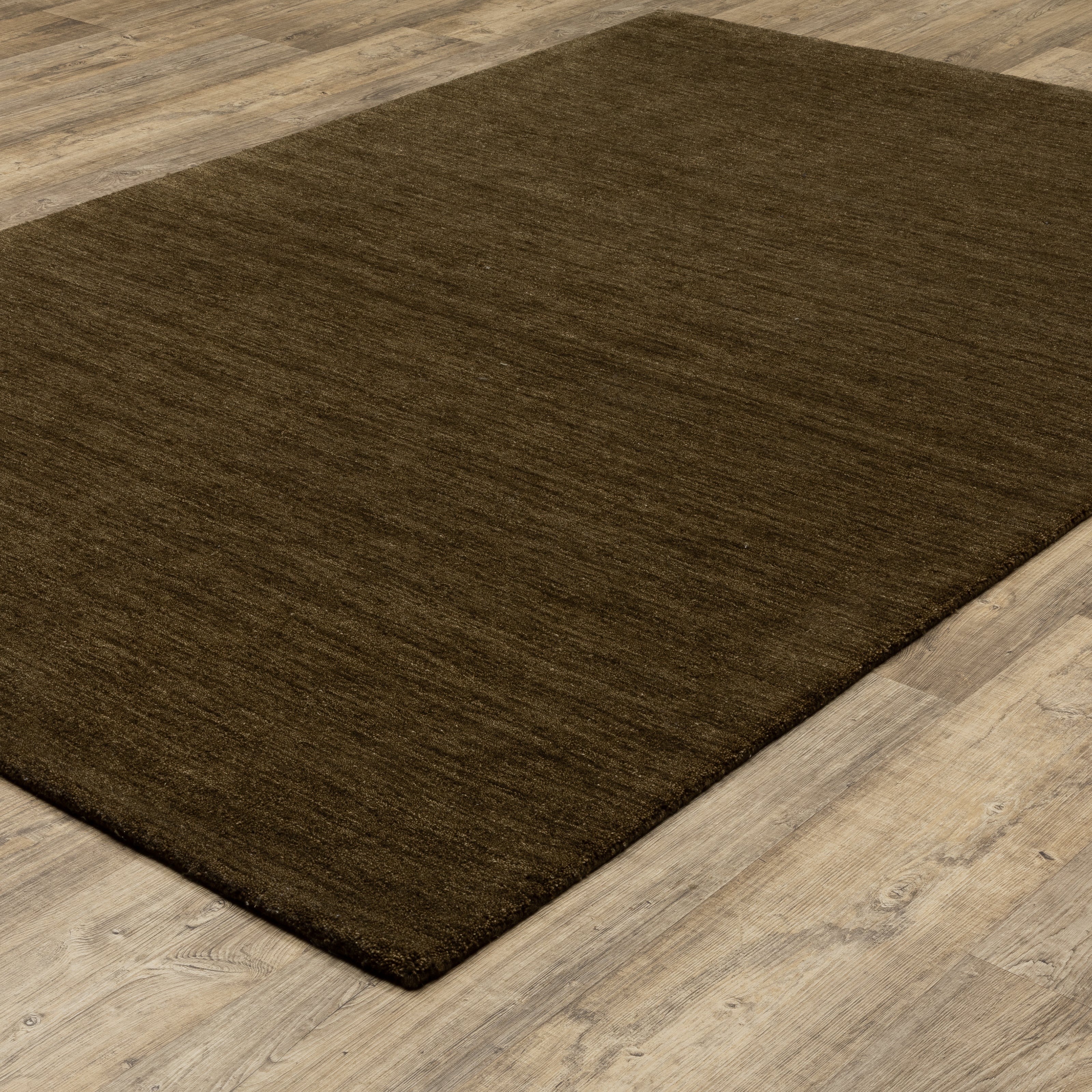 Aniston II 27117 Brown Area Rug, brown solid wool area rug with heathered texture and plush hand-tufted surface.