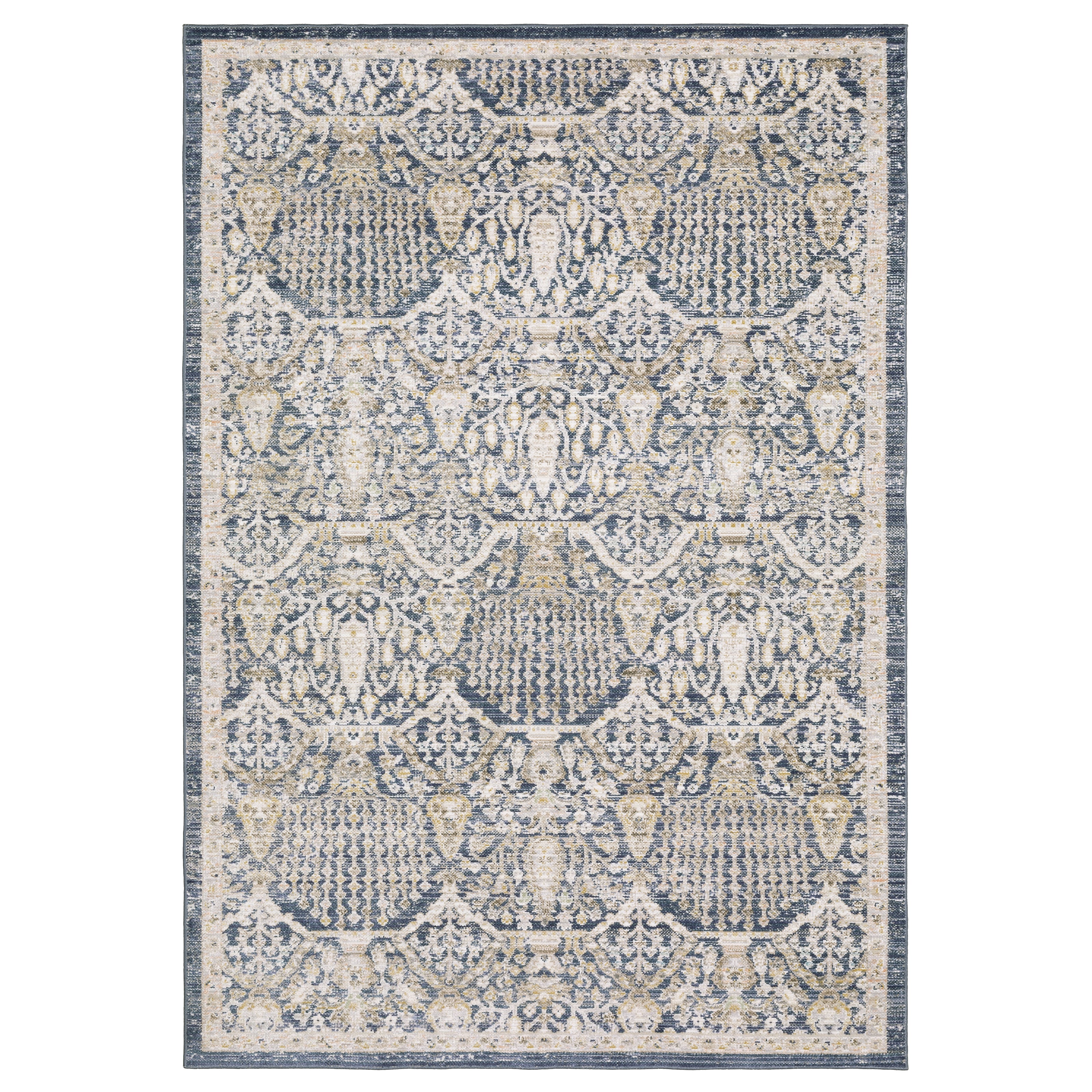Oriental Weavers Cavett CAV06 soft transitional rug featuring decorative pattern in navy/ gold tones