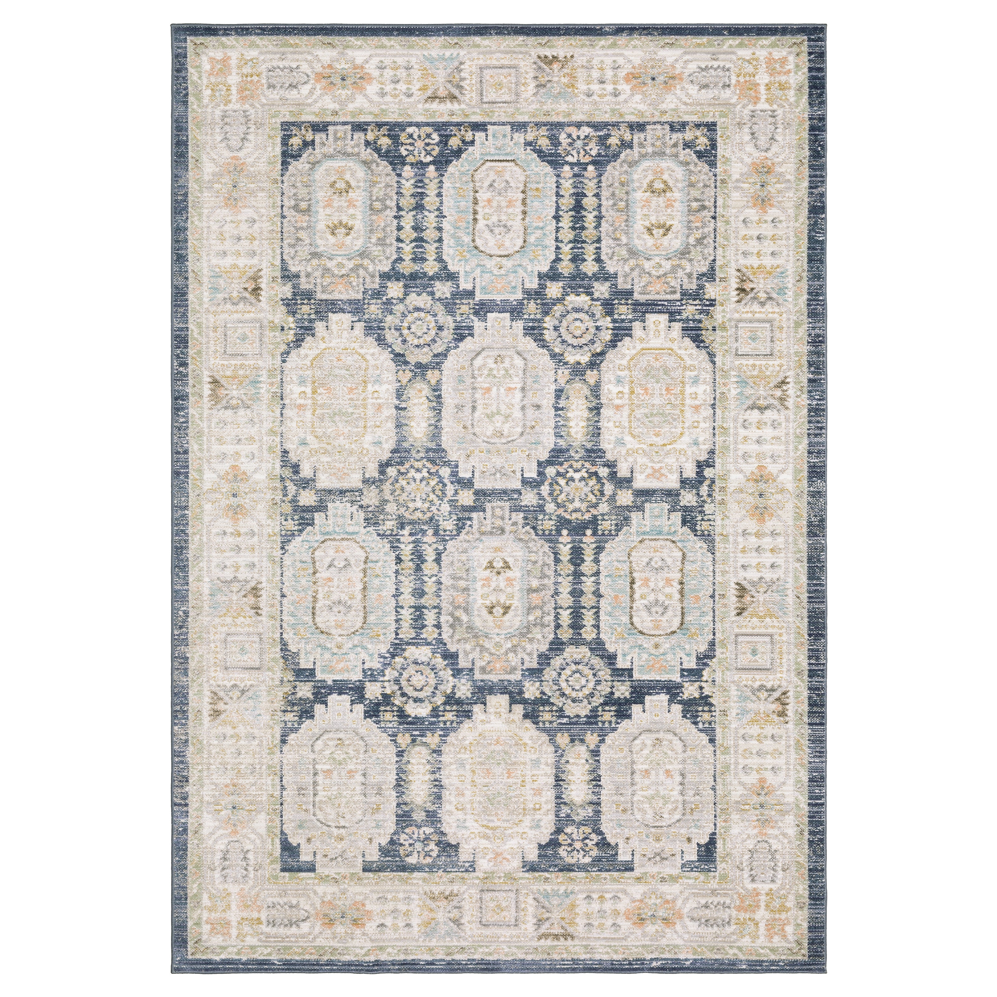 Oriental Weavers Cavett CAV07 soft transitional rug featuring decorative pattern in navy/ ivory tones