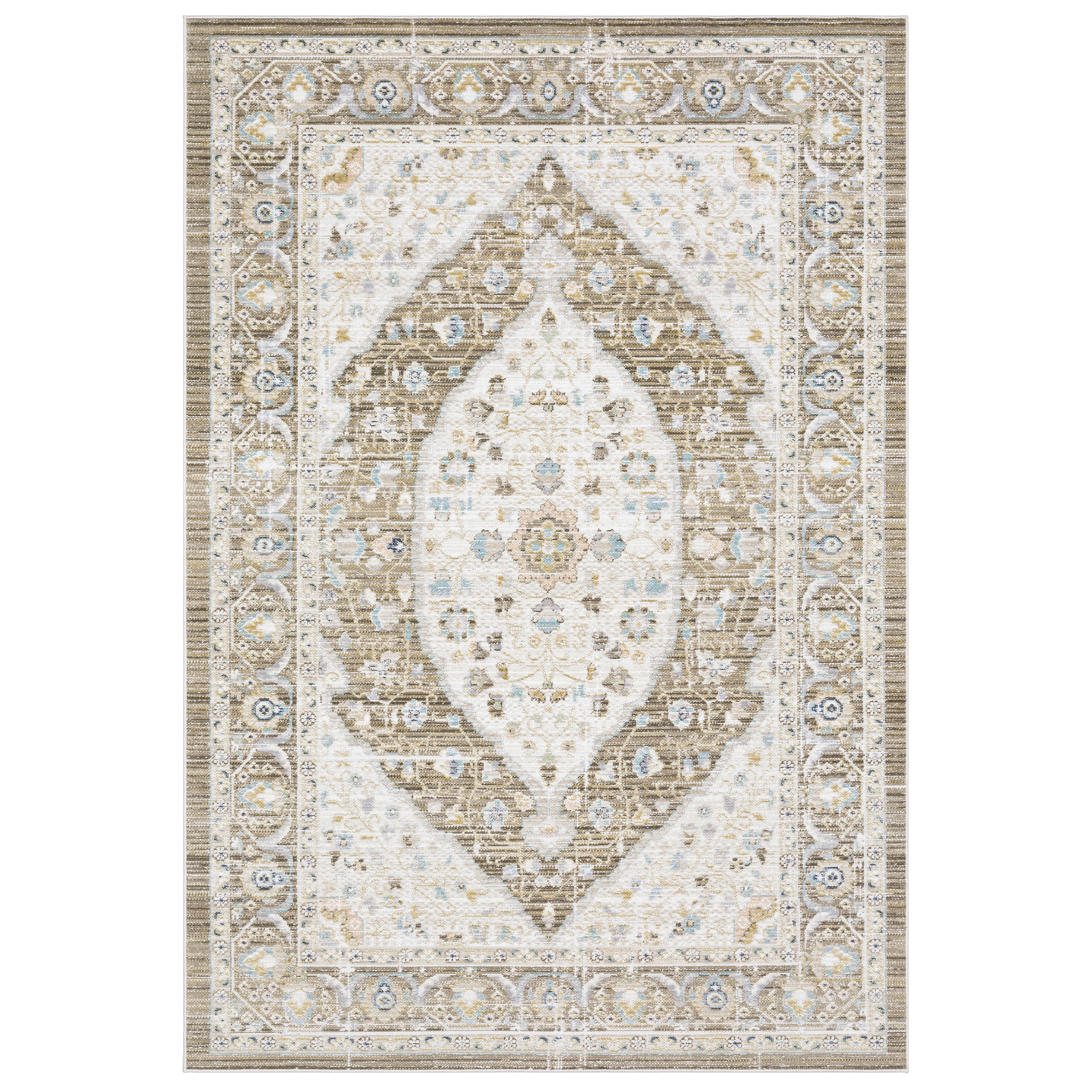 Oriental Weavers Cavett CAV12 soft transitional rug featuring decorative pattern in brown/ blue tones