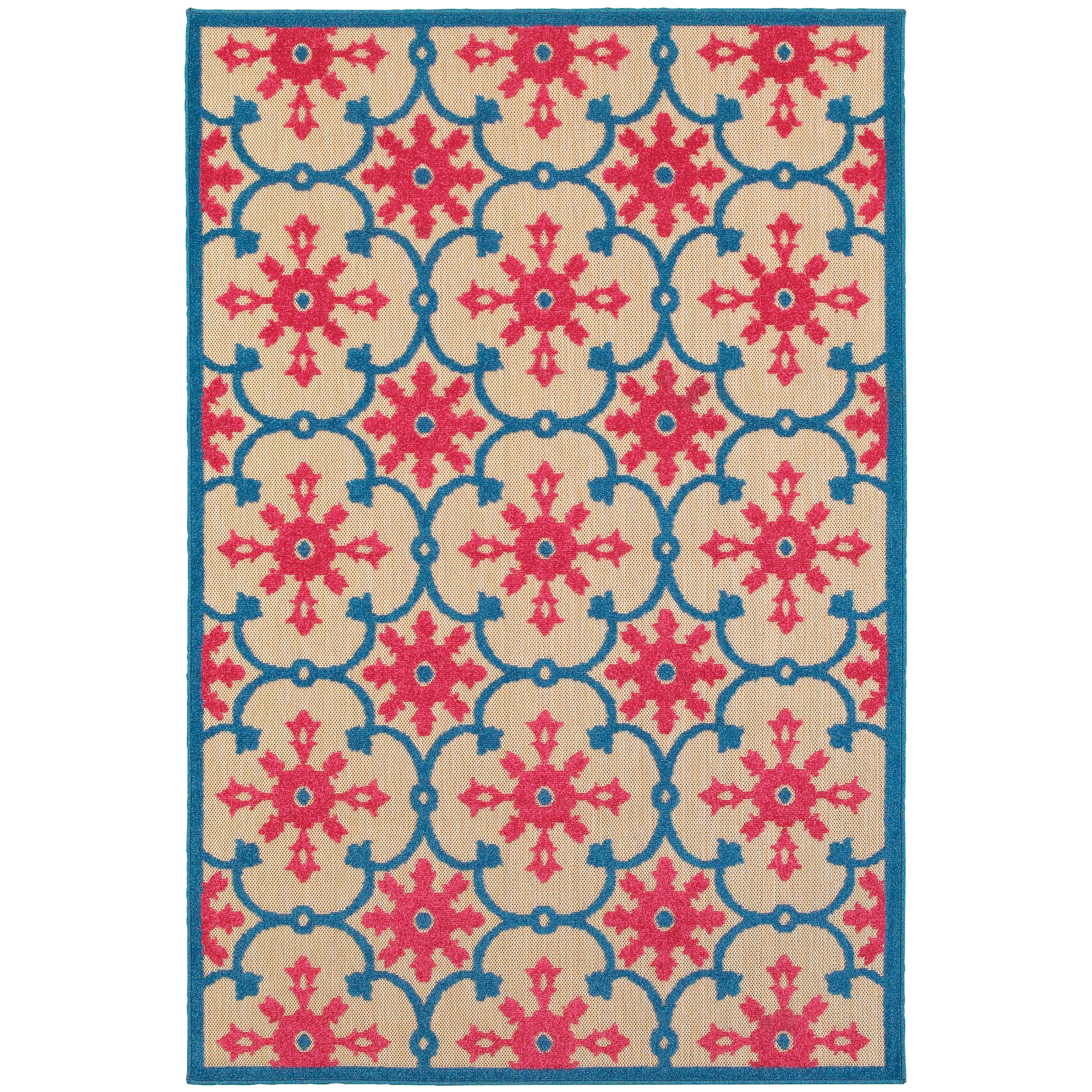 Oriental Weavers Cayman 190L9 textured indoor-outdoor rug featuring abstract pattern in pink/ blue tones