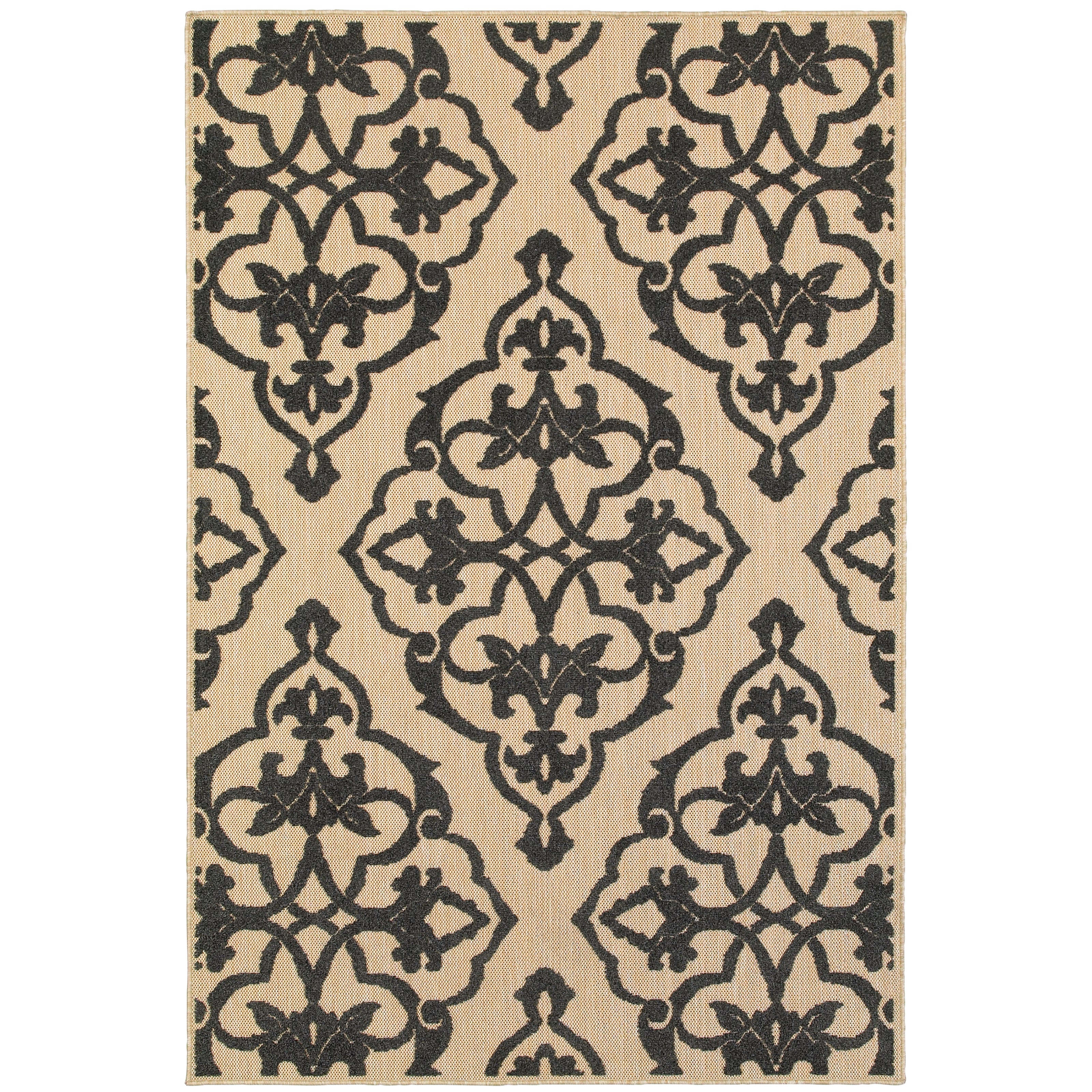 Oriental Weavers Cayman 001B9 textured indoor-outdoor rug featuring abstract pattern in sand/ charcoal tones