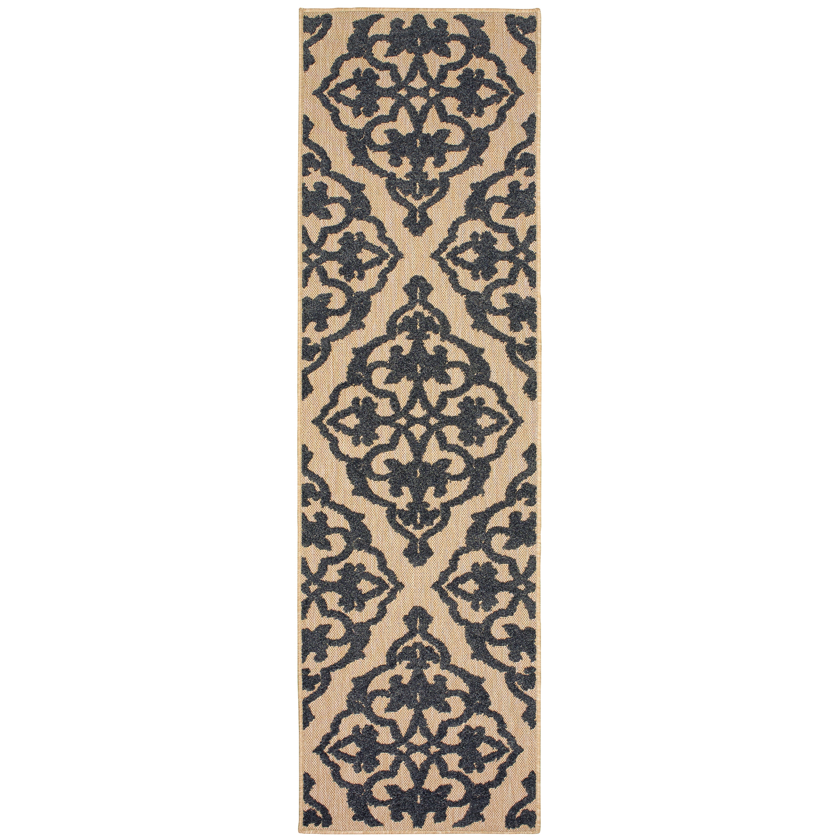 Oriental Weavers Cayman 001B9 textured indoor-outdoor rug featuring abstract pattern in sand/ charcoal tones