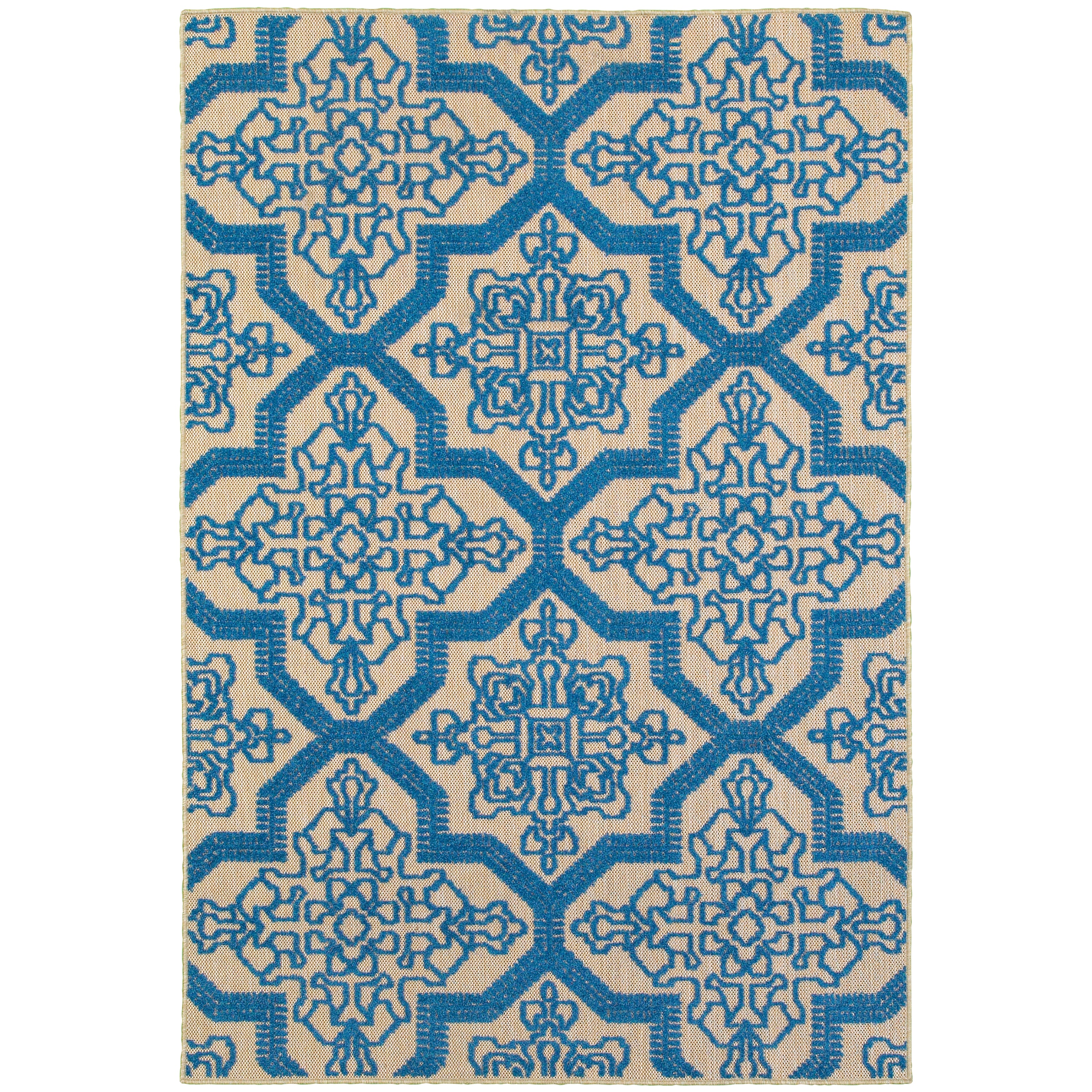 Oriental Weavers Cayman 2541M textured indoor-outdoor rug featuring abstract pattern in sand/ blue tones