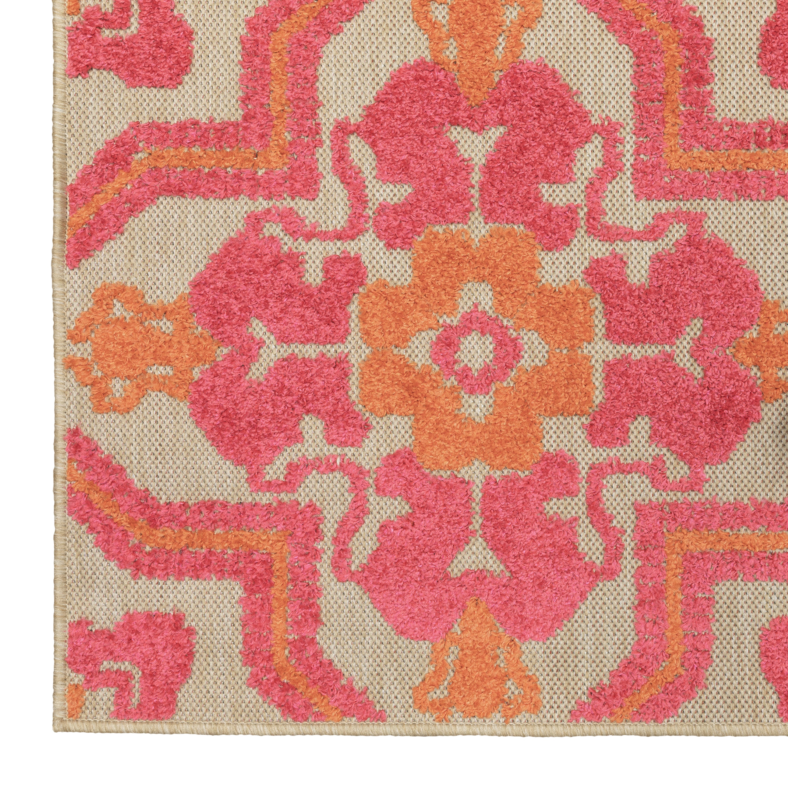 Oriental Weavers Cayman 2541V textured indoor-outdoor rug featuring abstract pattern in sand/ pink tones