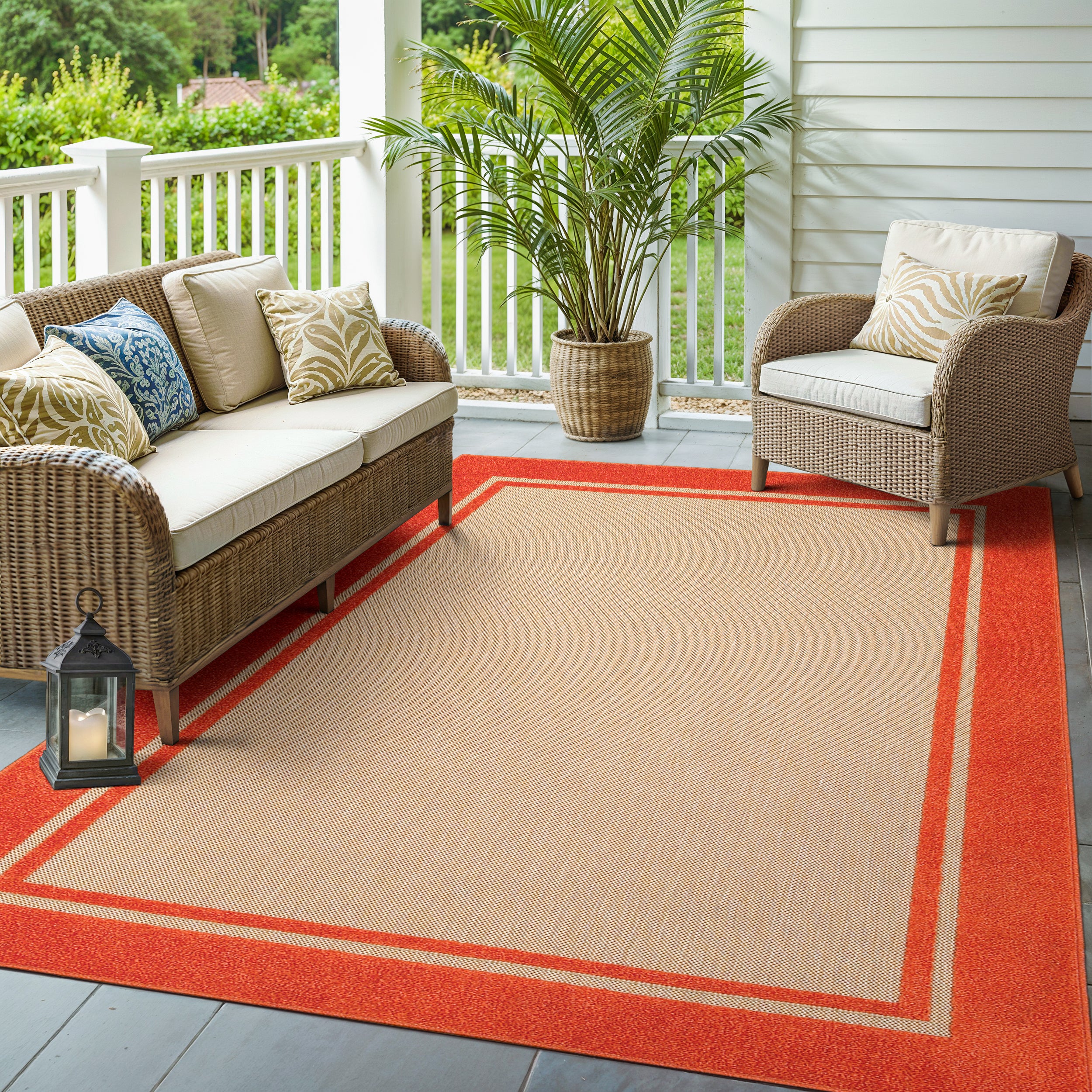Oriental Weavers Cayman 5594Q textured indoor-outdoor rug featuring abstract pattern in sand/ orange tones