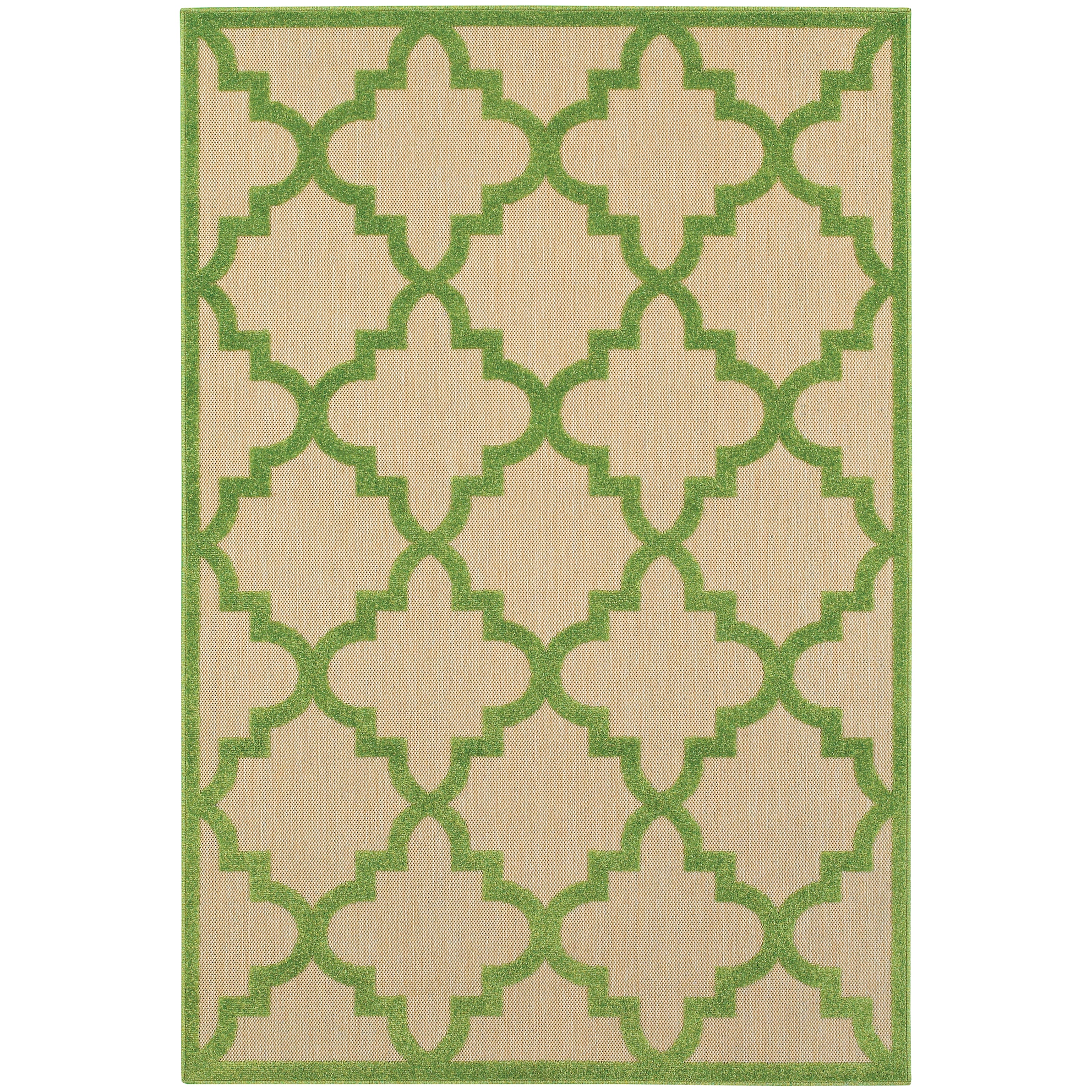 Oriental Weavers Cayman 660F9 textured indoor-outdoor rug featuring abstract pattern in sand/ green tones