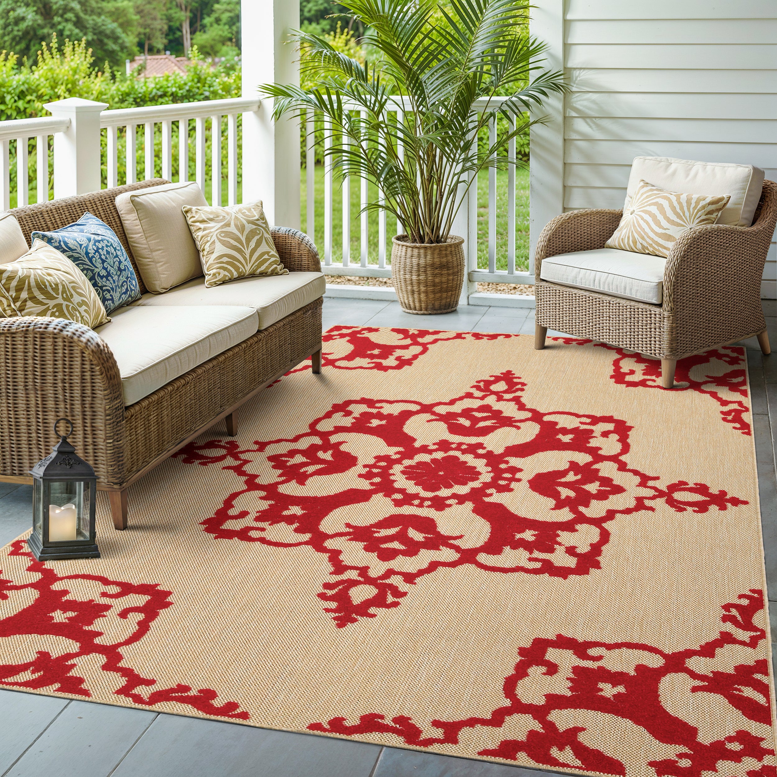 Oriental Weavers Cayman 097R9 textured indoor-outdoor rug featuring abstract pattern in sand/ red tones