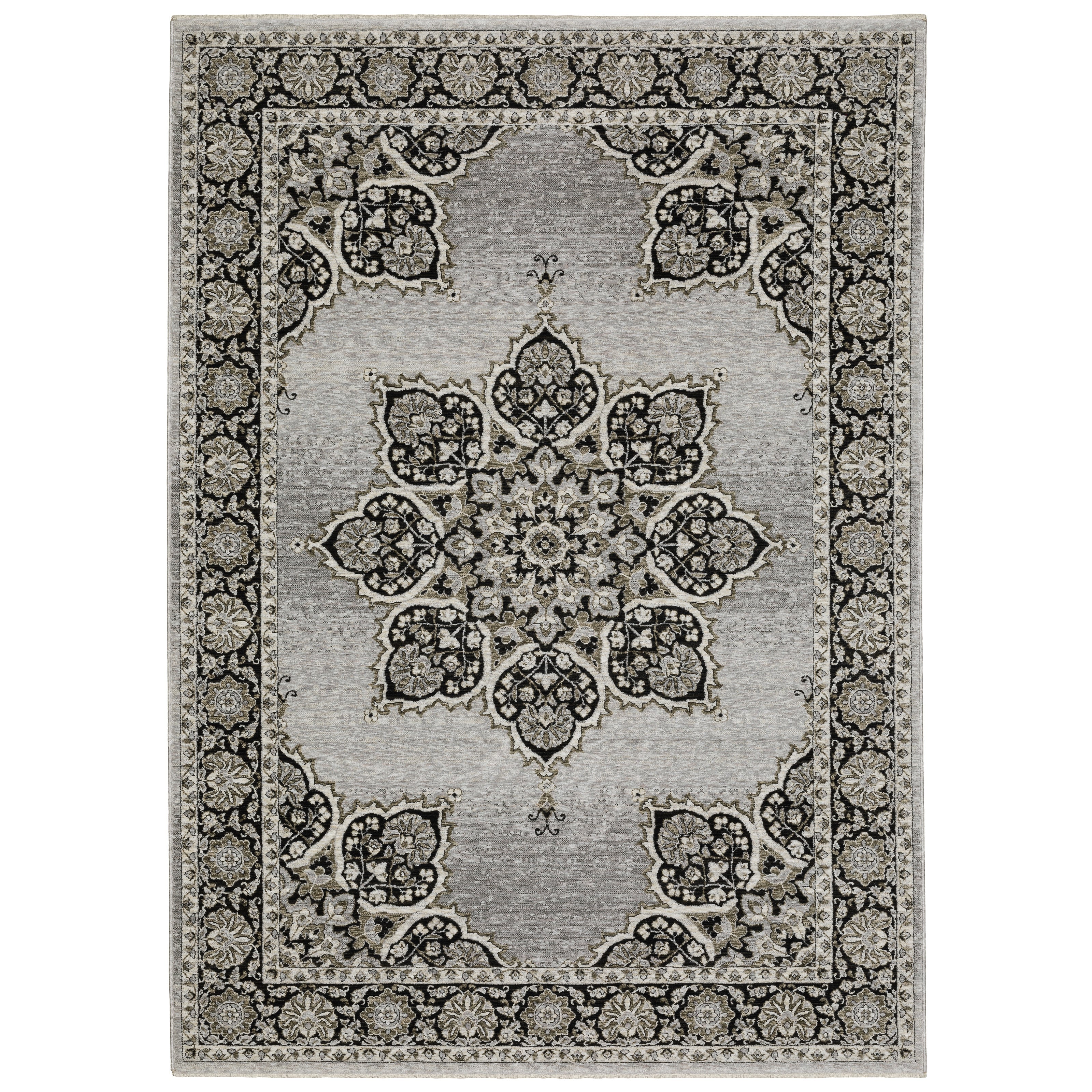 Oriental Weavers Chamberlain CH11L plush traditional rug featuring decorative pattern in grey/ black tones